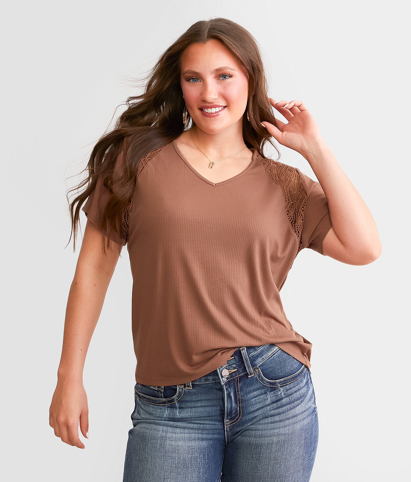 Daytrip Crochet Inset Top - Women's Shirts & Blouses in Acorn