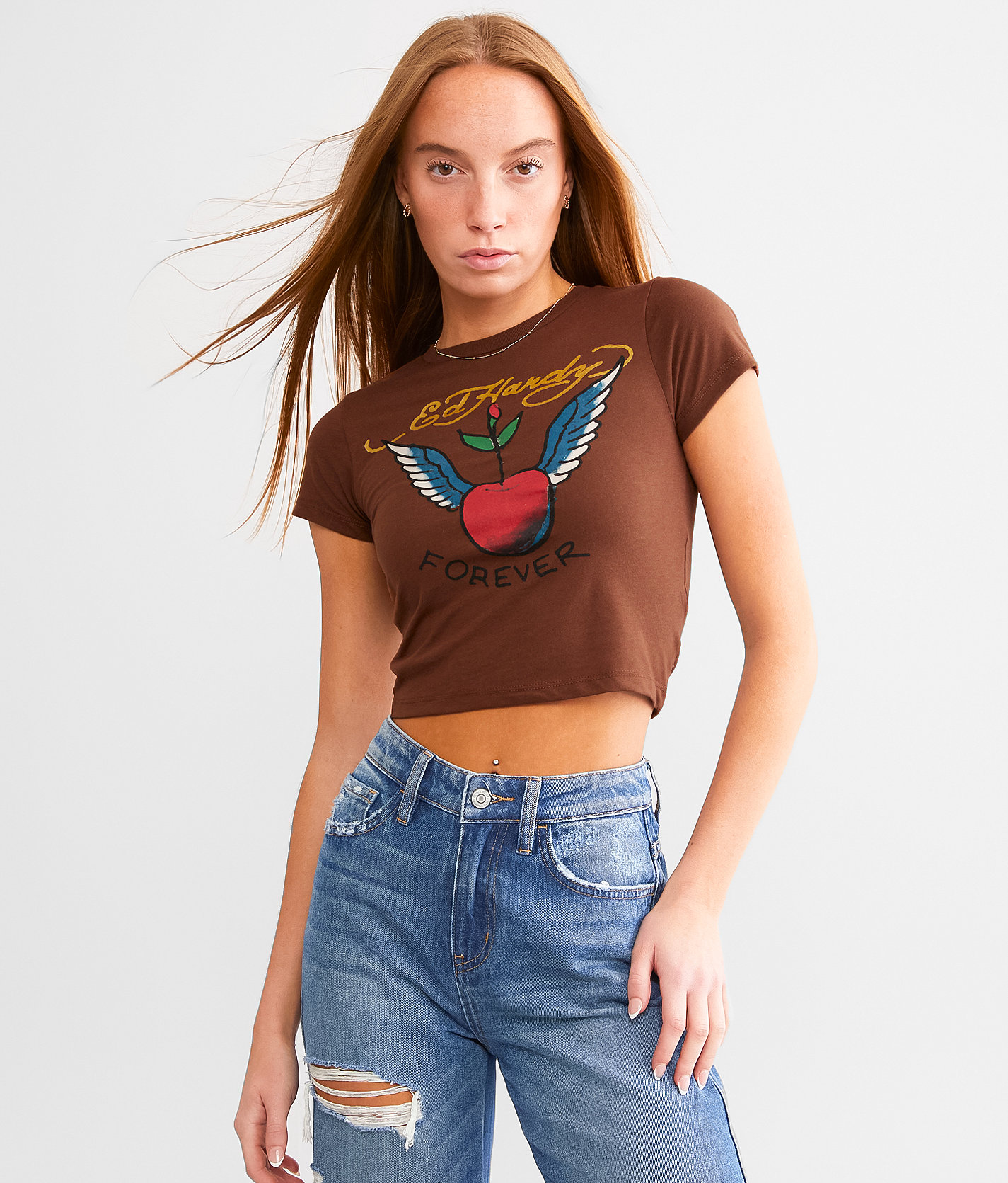Ed Hardy Cherry Wings Baby Cropped T-Shirt - Women's T-Shirts in Cocoa