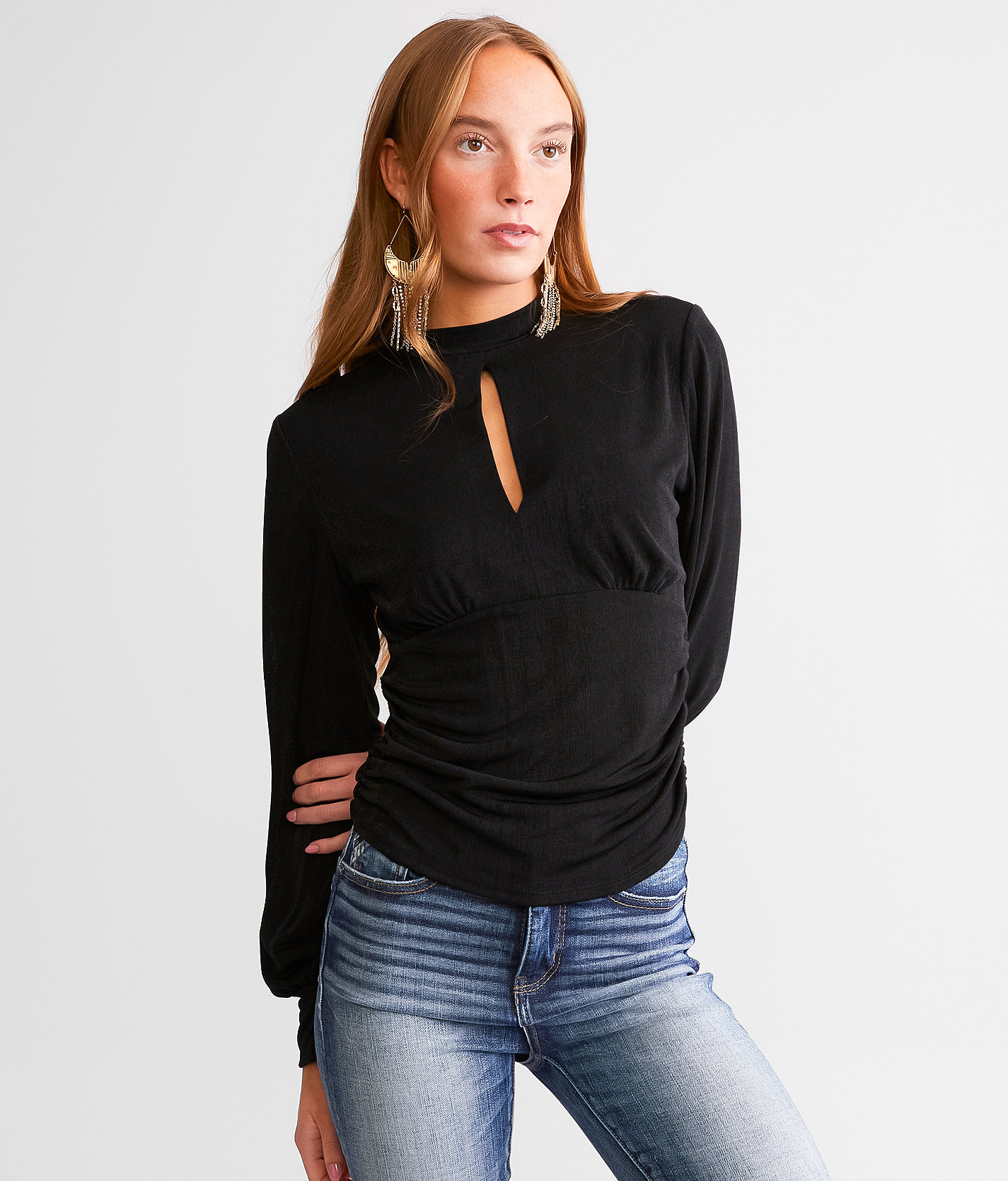 red by BKE Ruched Keyhole Top - Women's Shirts & Blouses in Black