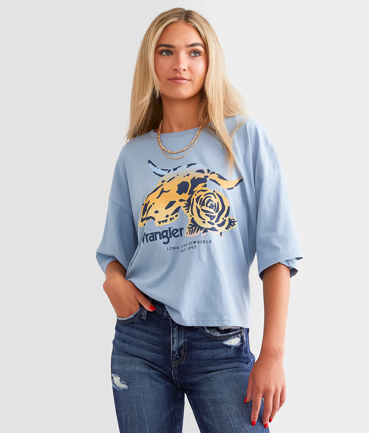 Wrangler® Rose Skull T-Shirt - Women's T-Shirts in Ashley Blue