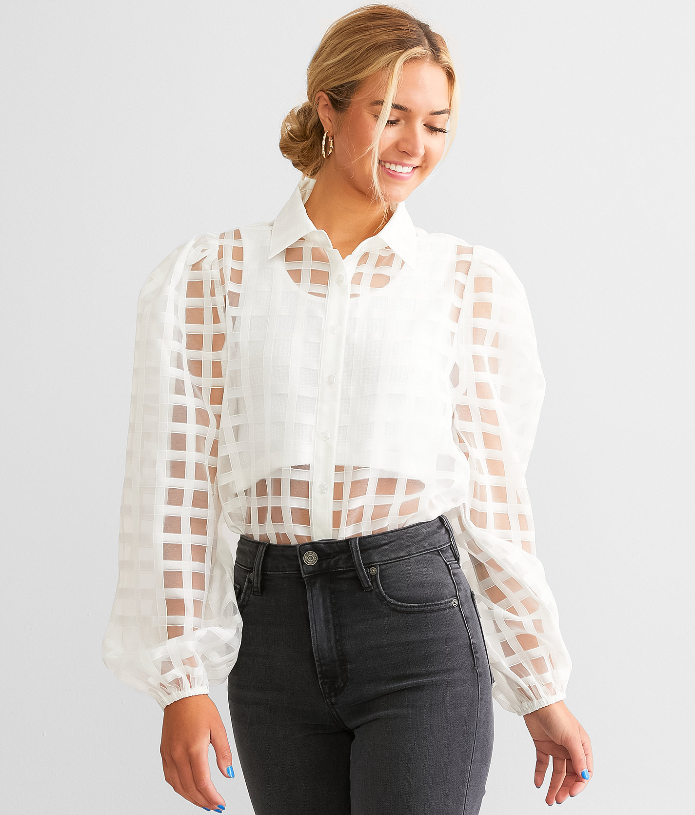 Polagram Sheer Lattice Blouse - Women's Shirts & Blouses in Ivory