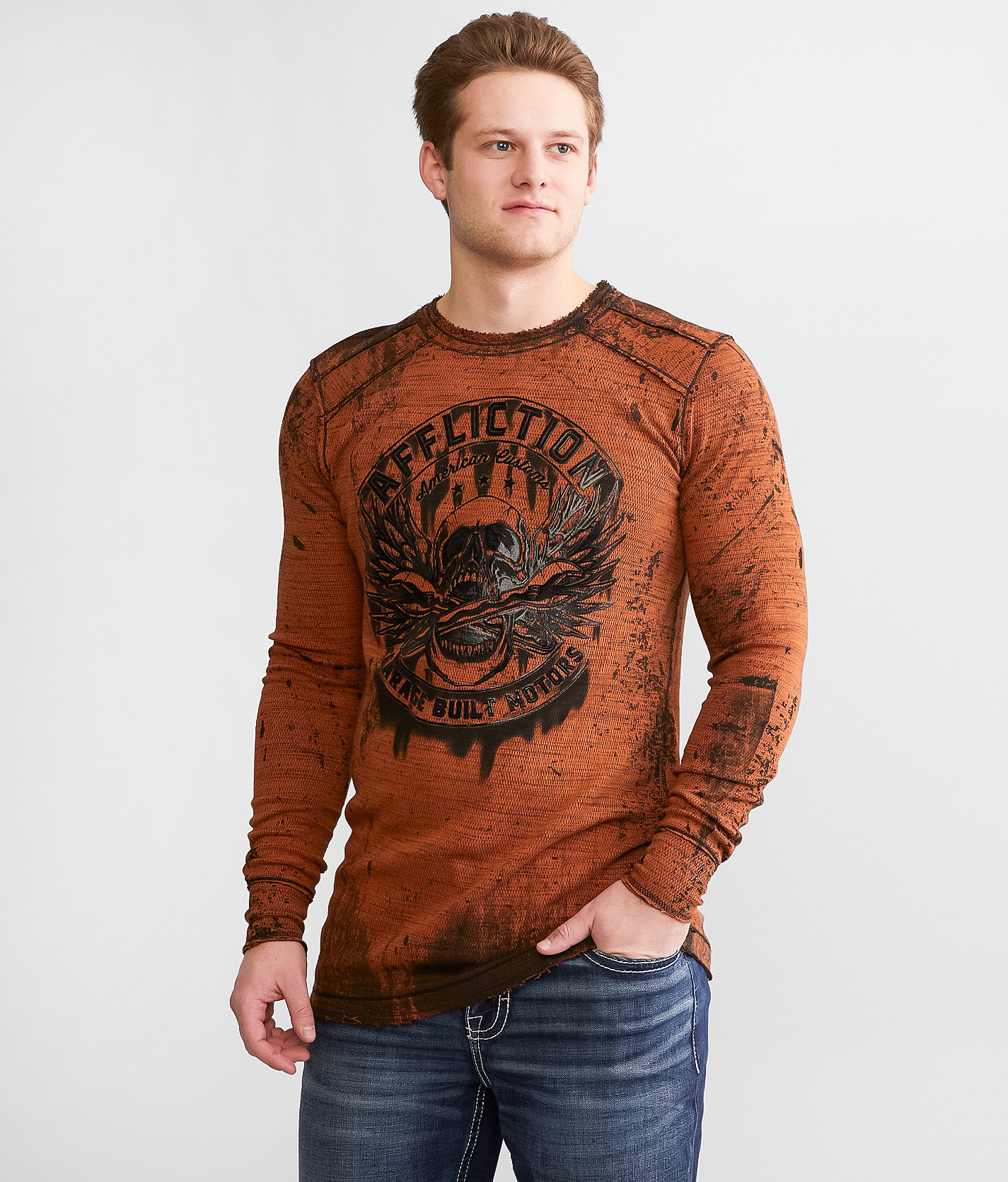 Affliction American Customs Chop Shop Reversible Thermal - Men's T-Shirts in Carmel Cafe Black