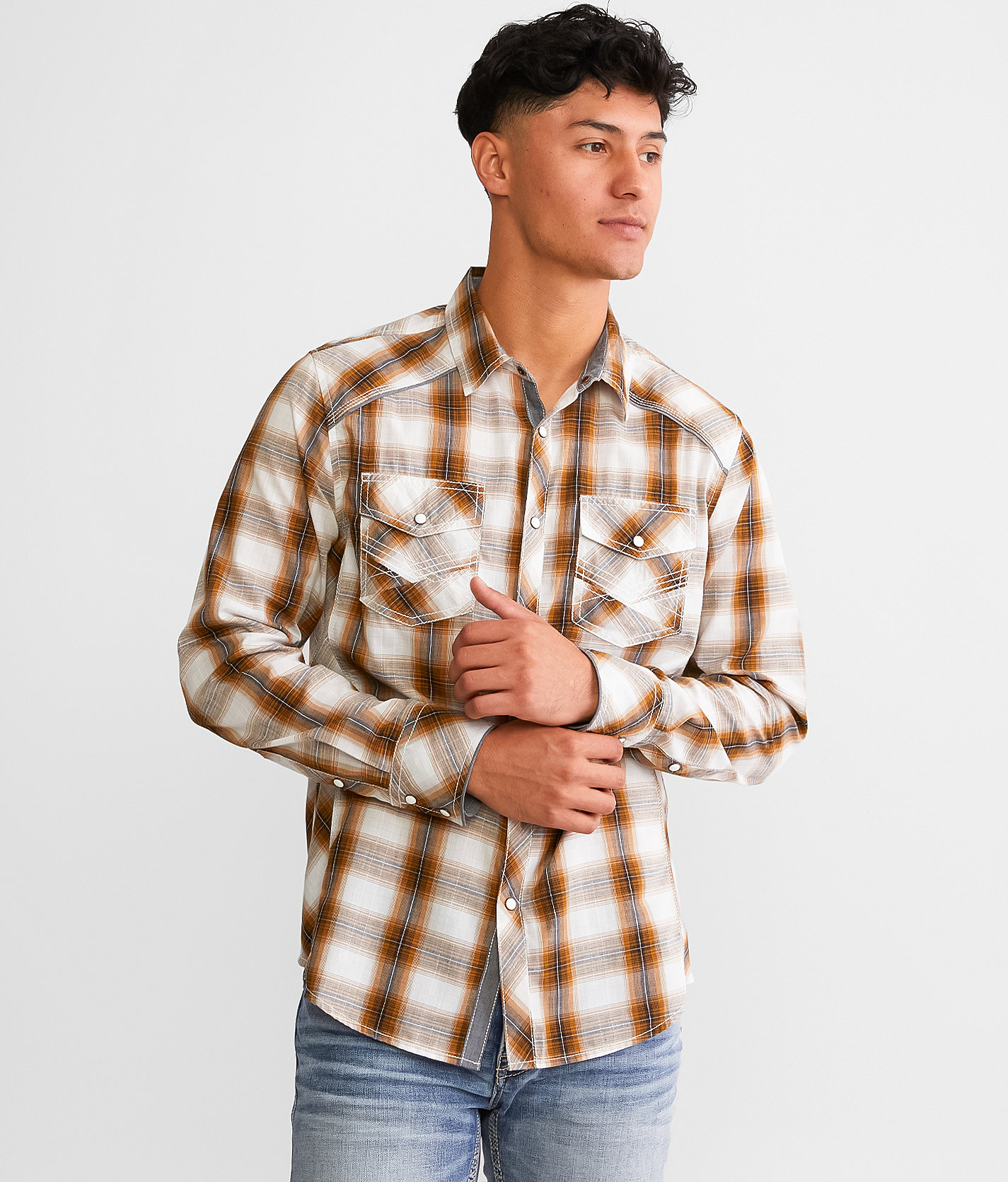 BKE Plaid Standard Shirt - Men's Shirts in White Tobacco