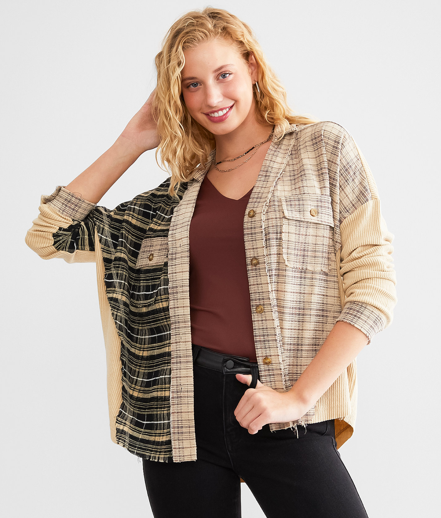 Miss Me Plaid Pieced Shirt - Women's Shirts & Blouses in Multi Beige