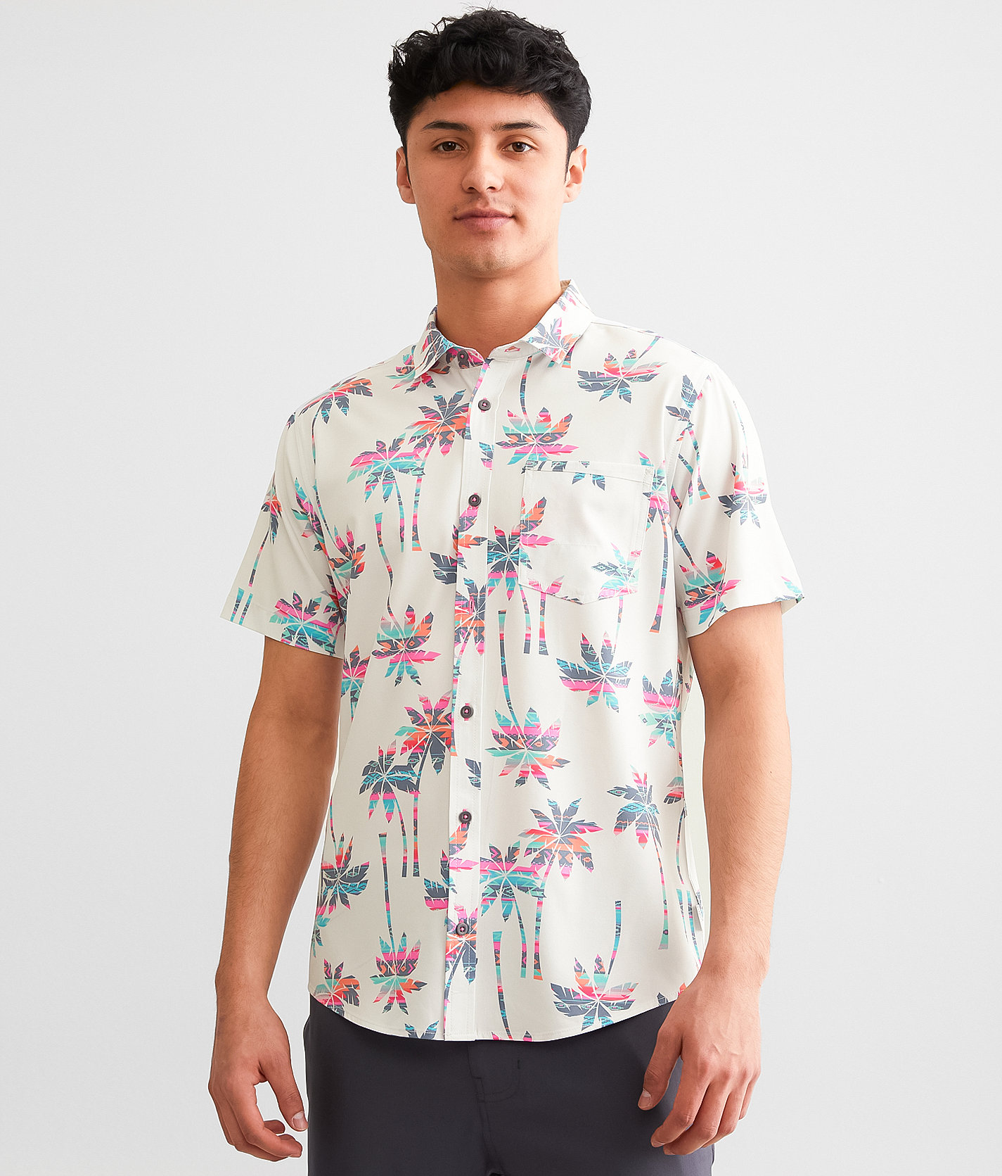 Departwest Palm Tree Performance Stretch Shirt - Men's Shirts in Light Grey