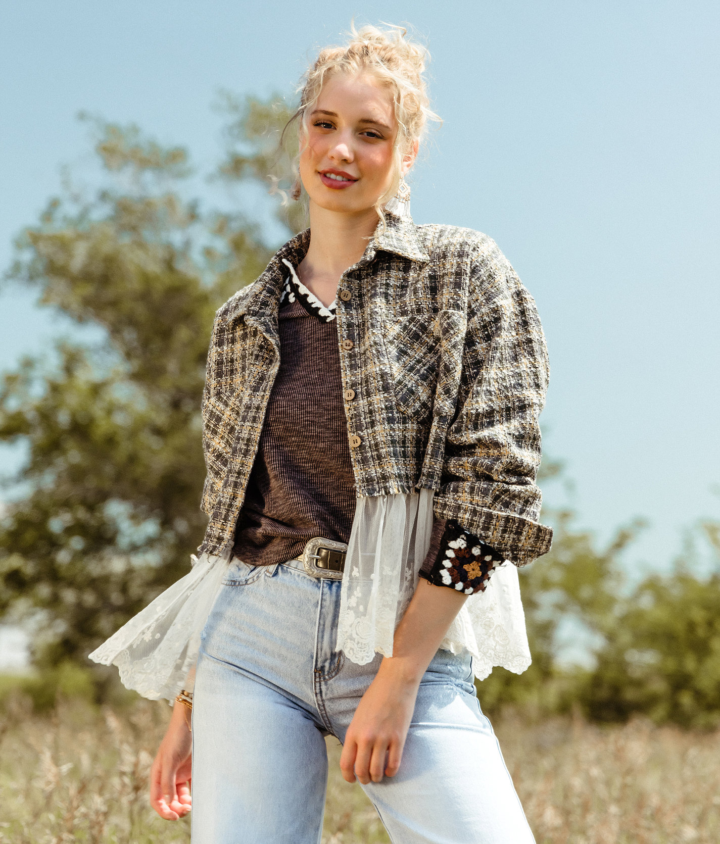 Gimmicks Tweed & Lace Flannel Shirt - Women's Shirts & Blouses in Green Multi