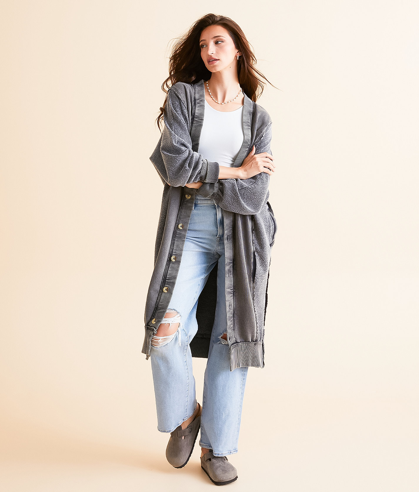 Free People Dreamy Blue Oversized Cardigan - Women's Sweaters in Washed Black