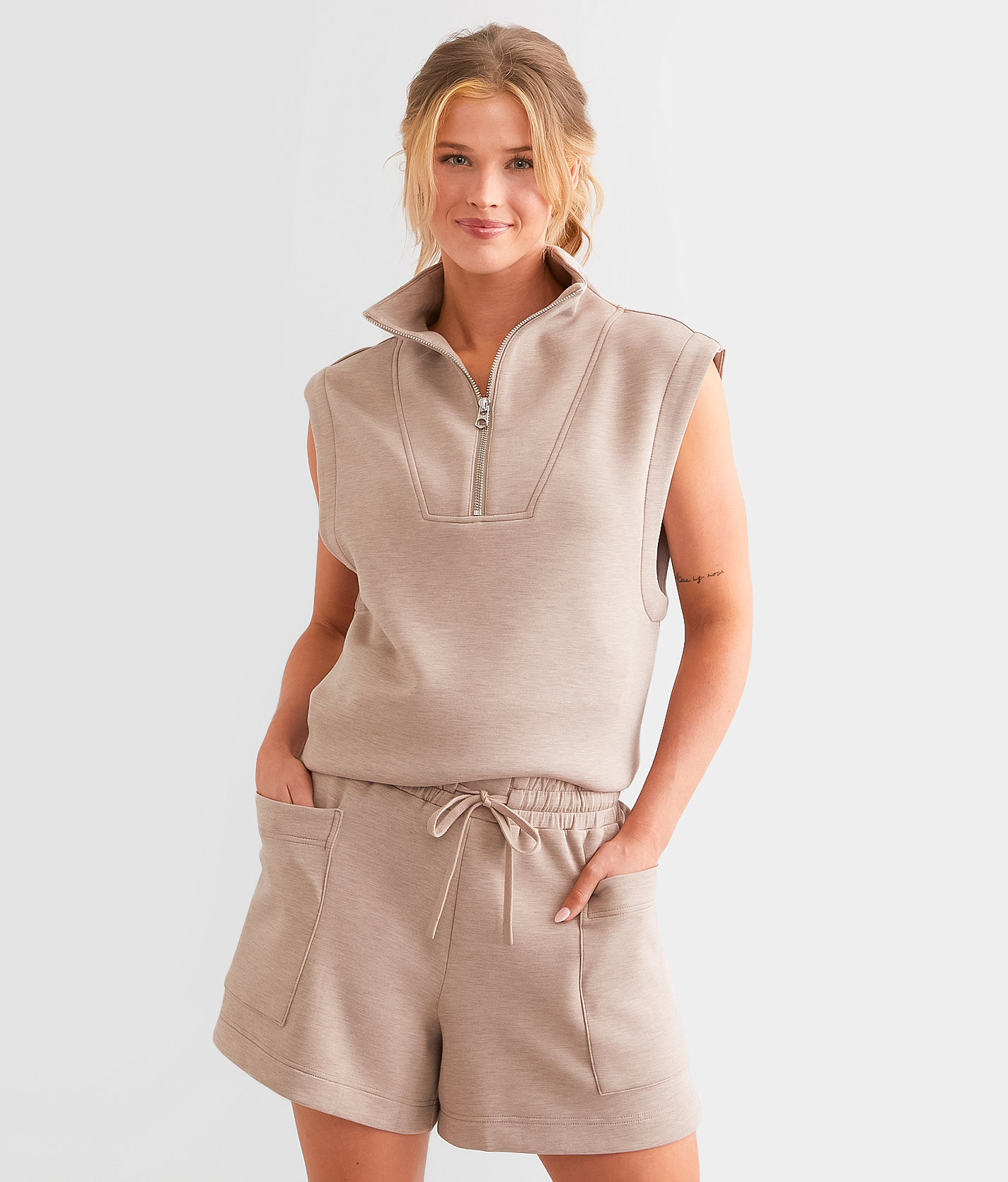 Varley Magnolia Half Zip Tank Top - Women's Tank Tops in Taupe Marl