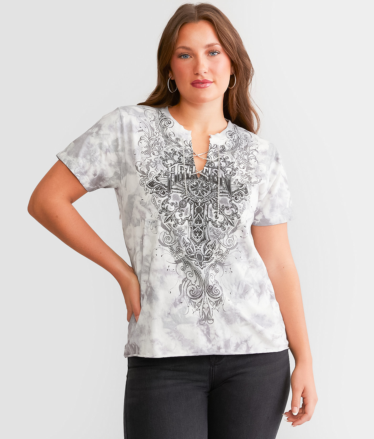 Affliction Newport Road Lace-Up Rhinestone T-Shirt - Women's T-Shirts in White Grey Iceberg Wash