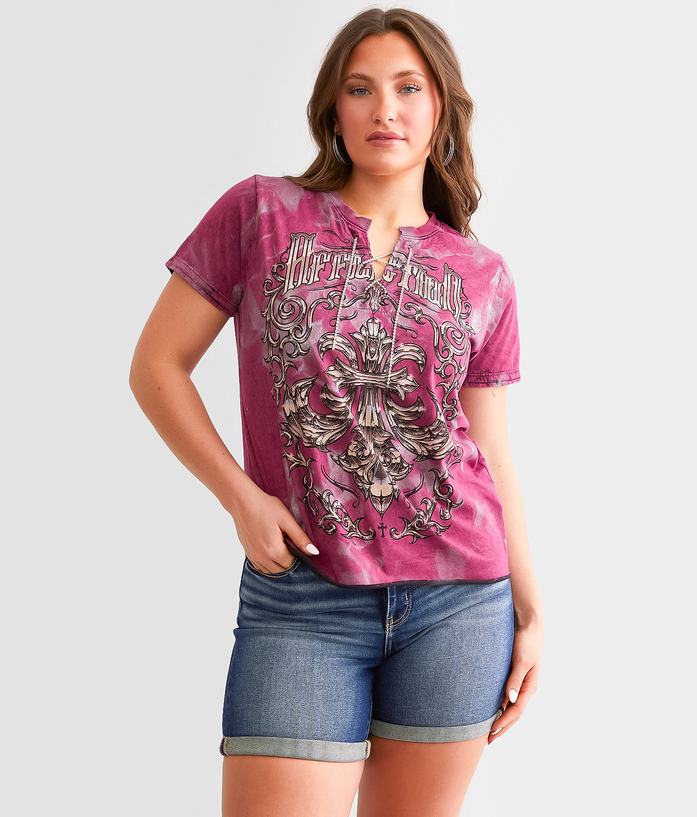 Affliction American Customs Procession Chrome T-Shirt - Women's T-Shirts in Festival Fucshia Black