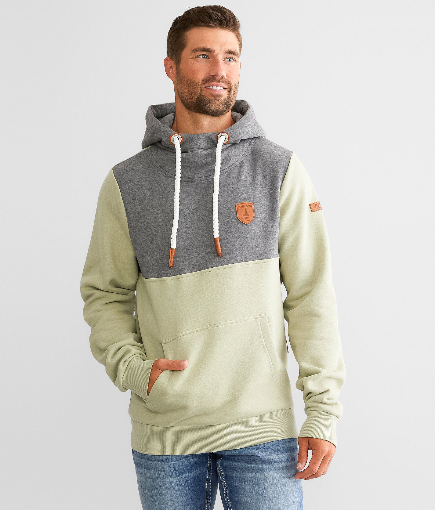 Wanakome Block Hooded Sweatshirt - Men's Sweatshirts in Dk Heather Grey Olive Haz