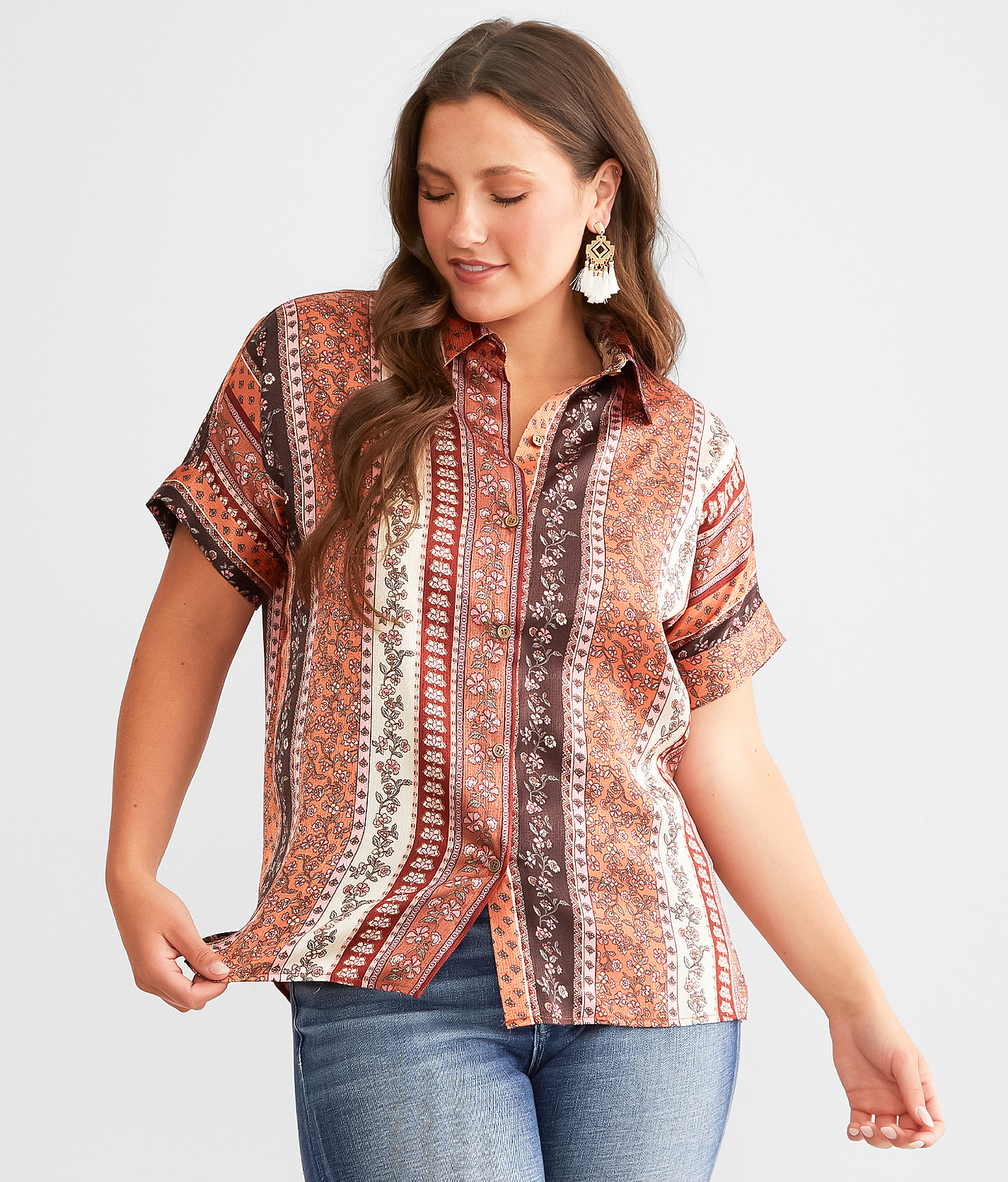 Daytrip Floral Striped Satin Blouse - Women's Shirts & Blouses in Rust Brown