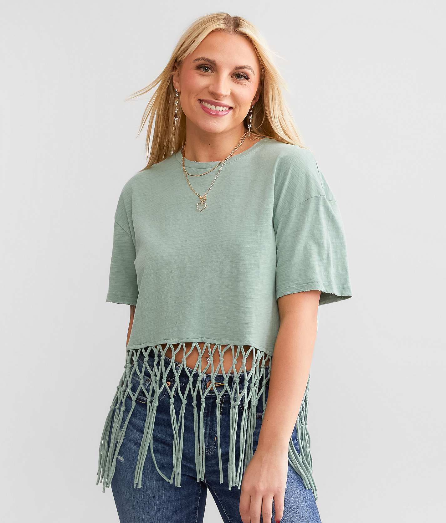 Miss Me Macrame Fringe Top - Women's Shirts & Blouses in Sage Green