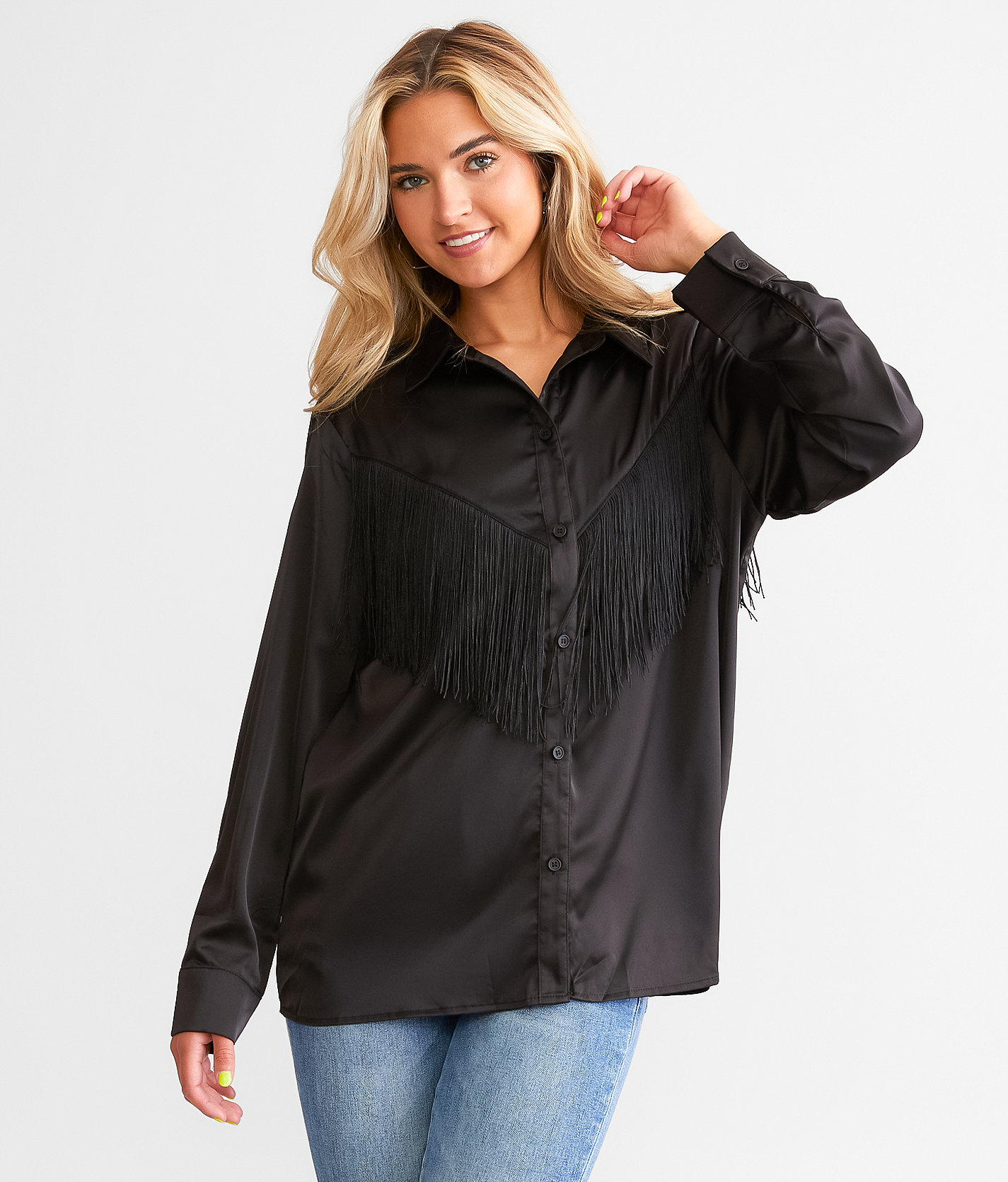 Blue B Western Satin Fringe Blouse - Women's Shirts & Blouses in Black