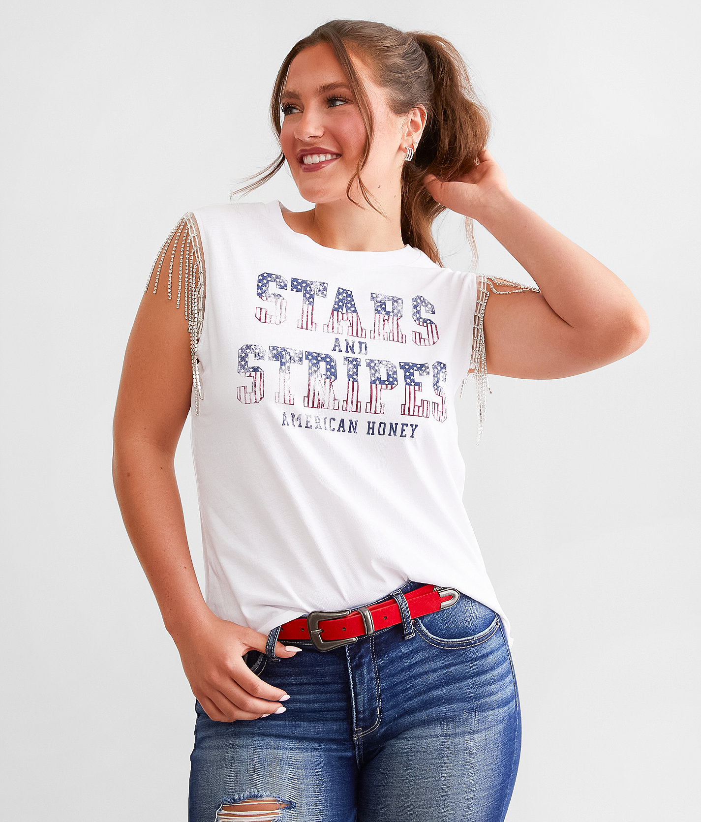 Modish Rebel Stars & Stripes Rhinestone Fringe Tank Top - Women's Tank Tops in Bright White