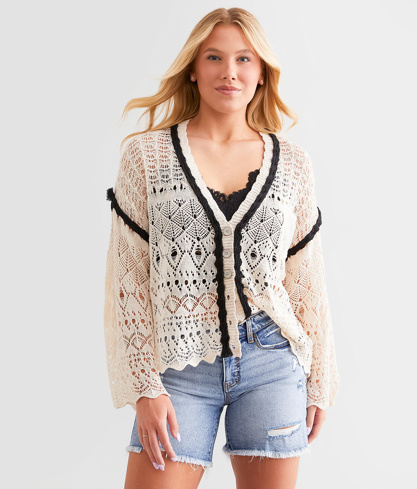 POL Oversized Crochet Cardigan Sweater - Women's Sweaters in Natural