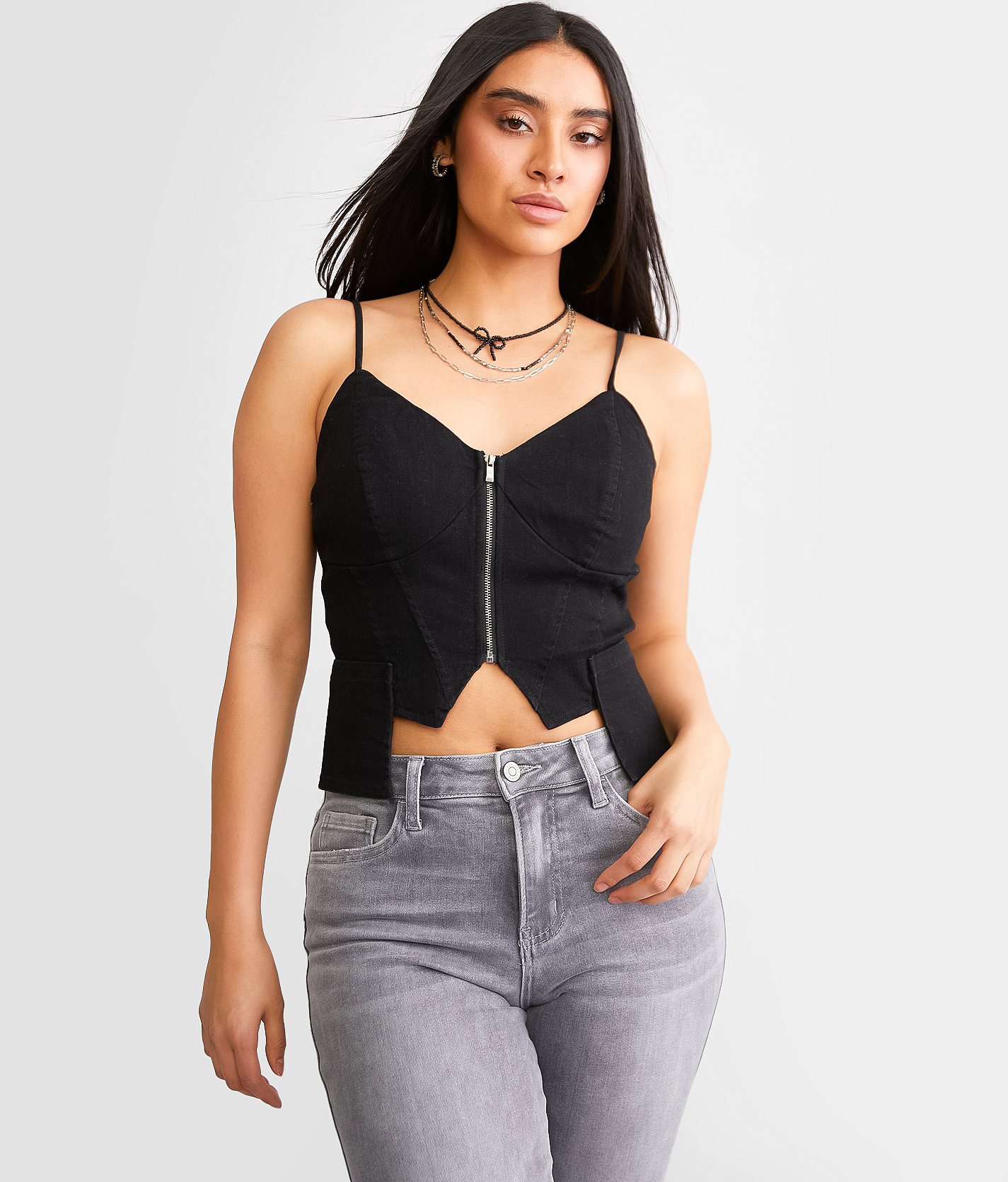 Willow & Root Pieced Denim Corset Tank Top - Women's Tank Tops in Black Denim