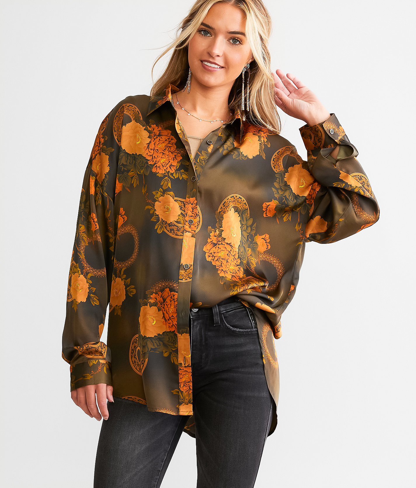 Acoa Floral Satin Blouse - Women's Shirts & Blouses in Olive Gold