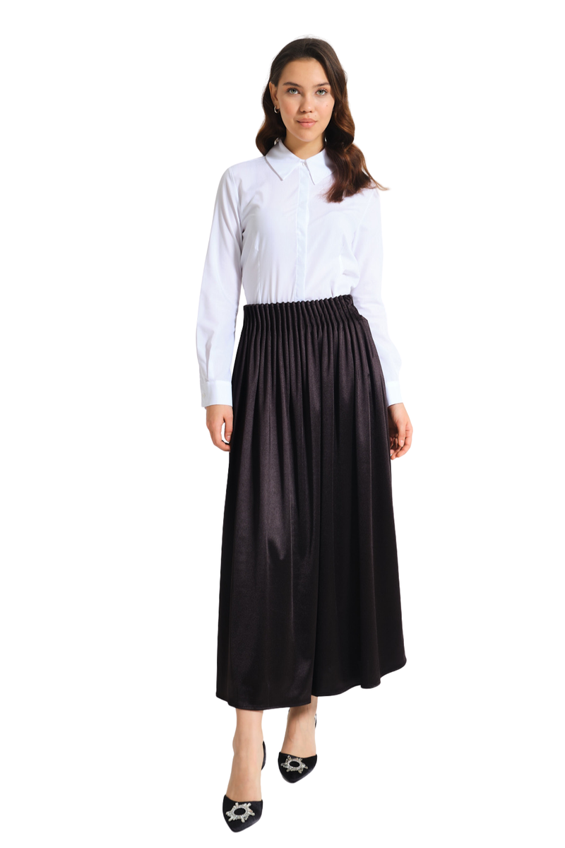 Black Waisted Pleated Midi Skirt - Skirt