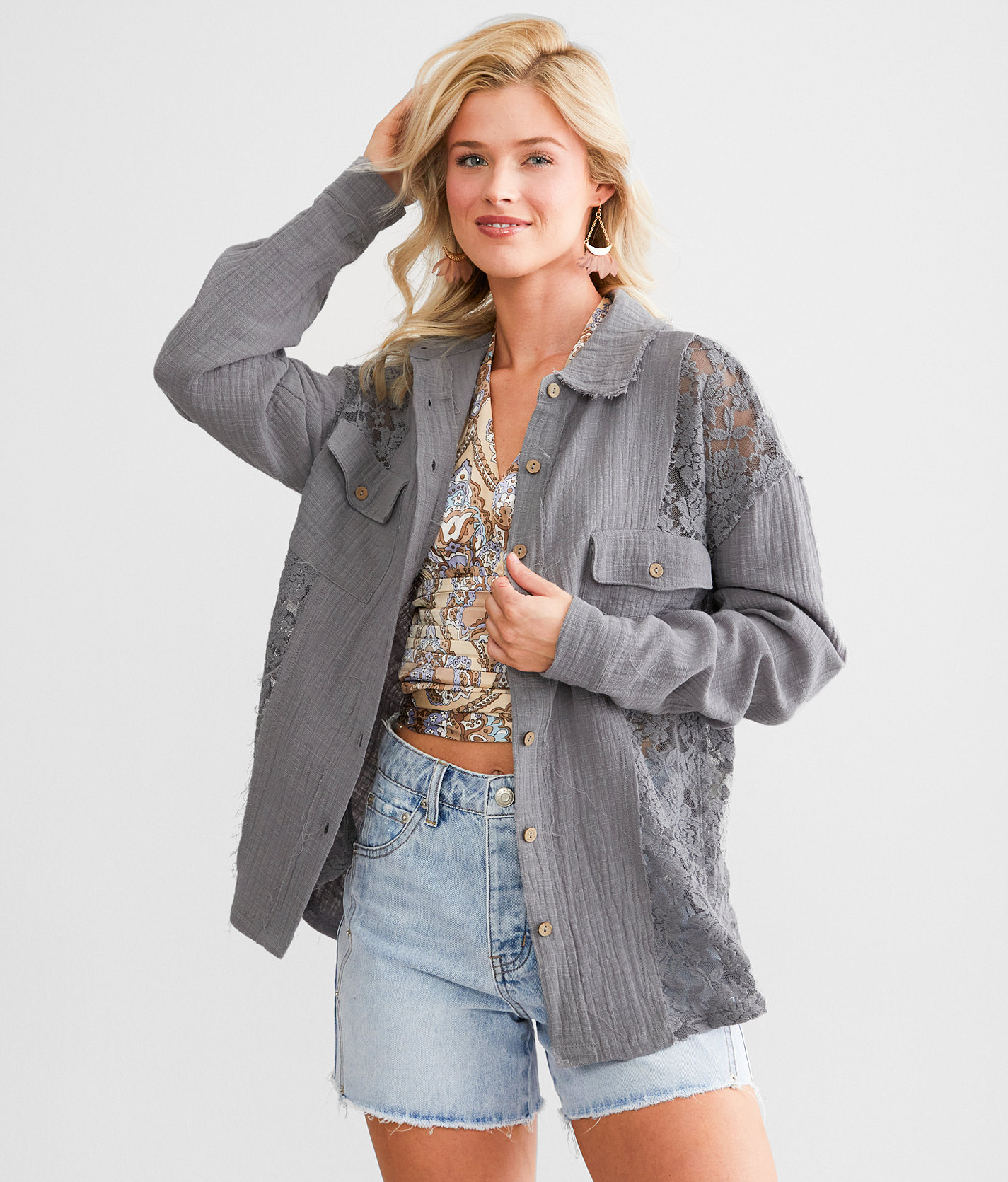 BKE Pieced Sheer Lace Shirt - Women's Shirts & Blouses in Grey