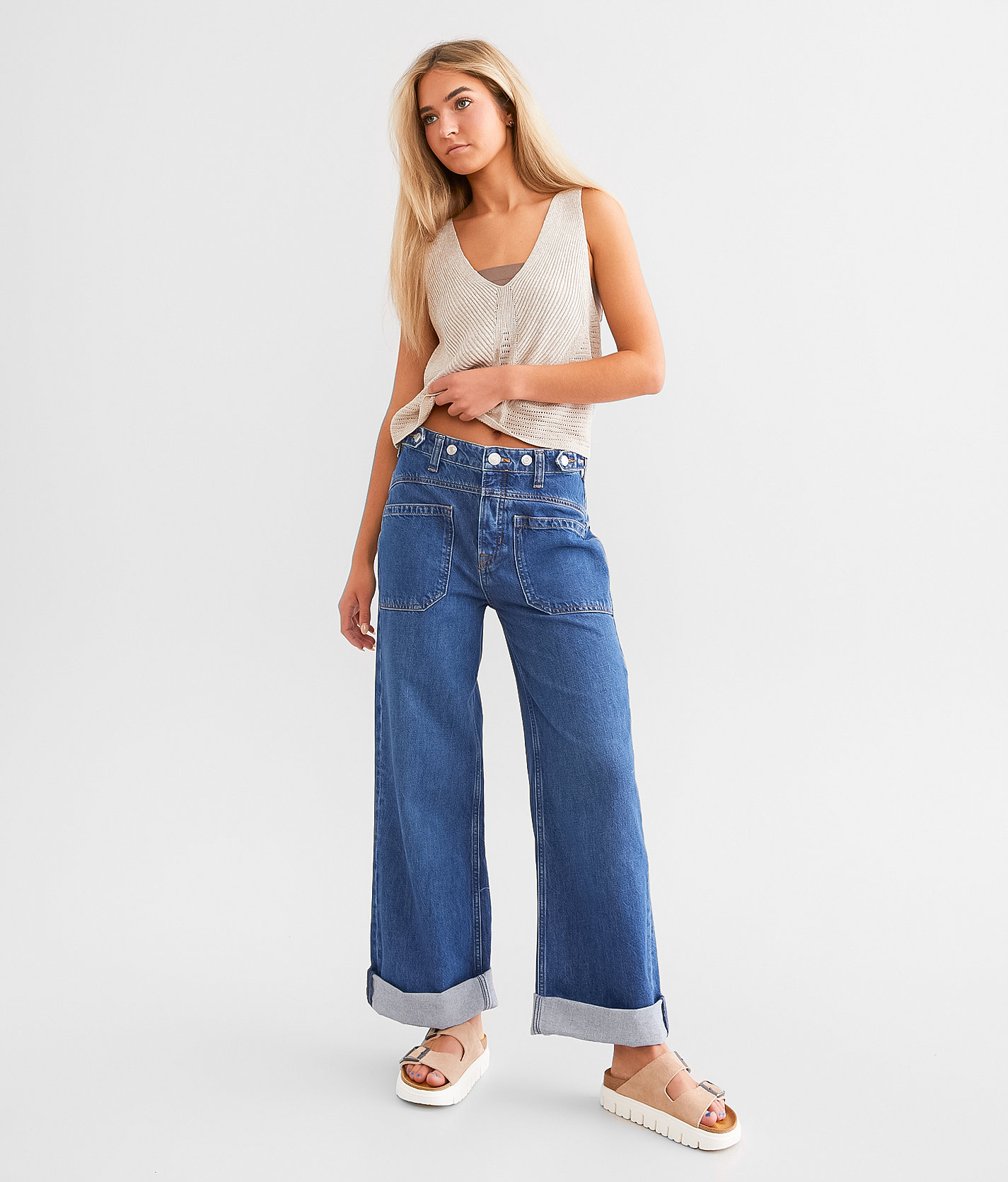 Free People Palmer Wide Leg Cuffed Jean - Women's Jeans in Tunnel Vision