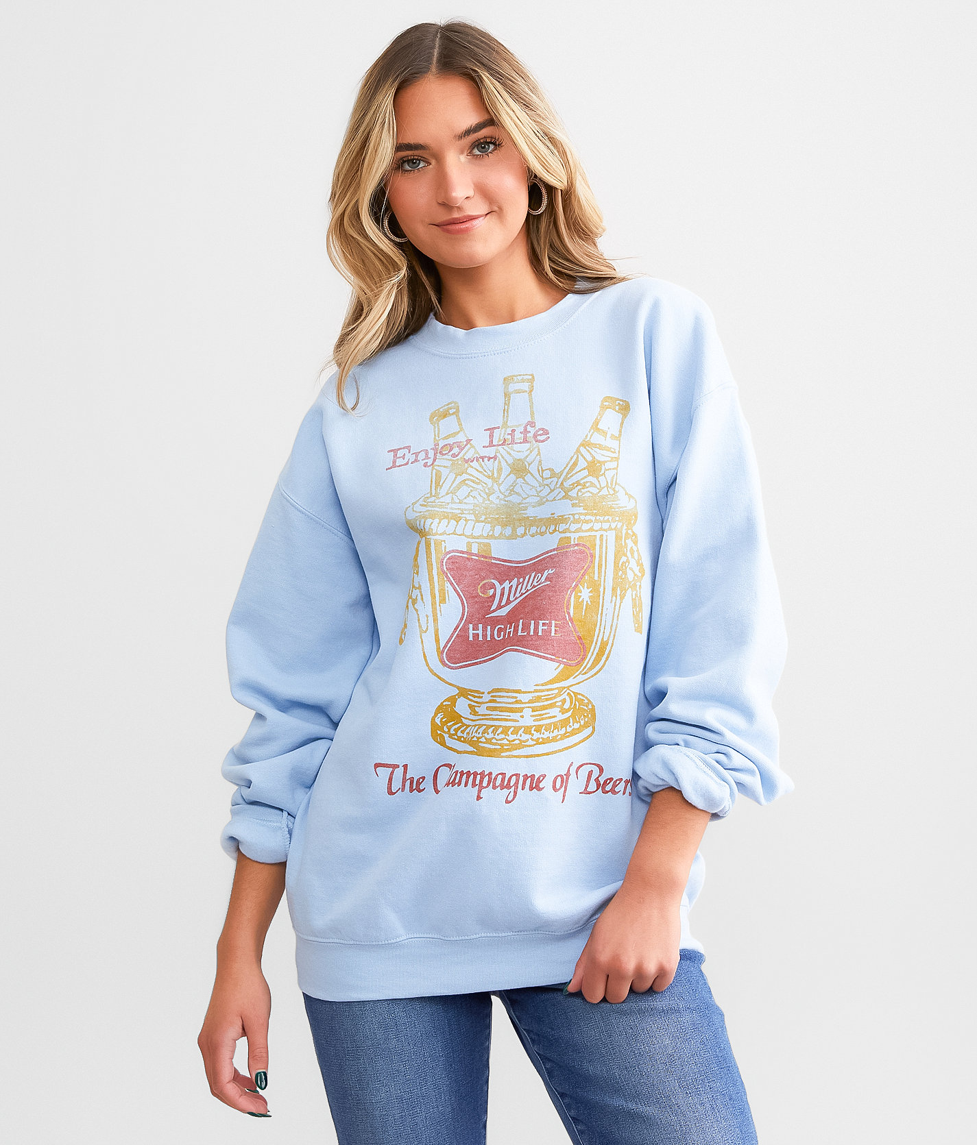 Junkfood Miller High Life Oversized Pullover - Women's Sweatshirts in Light Blue