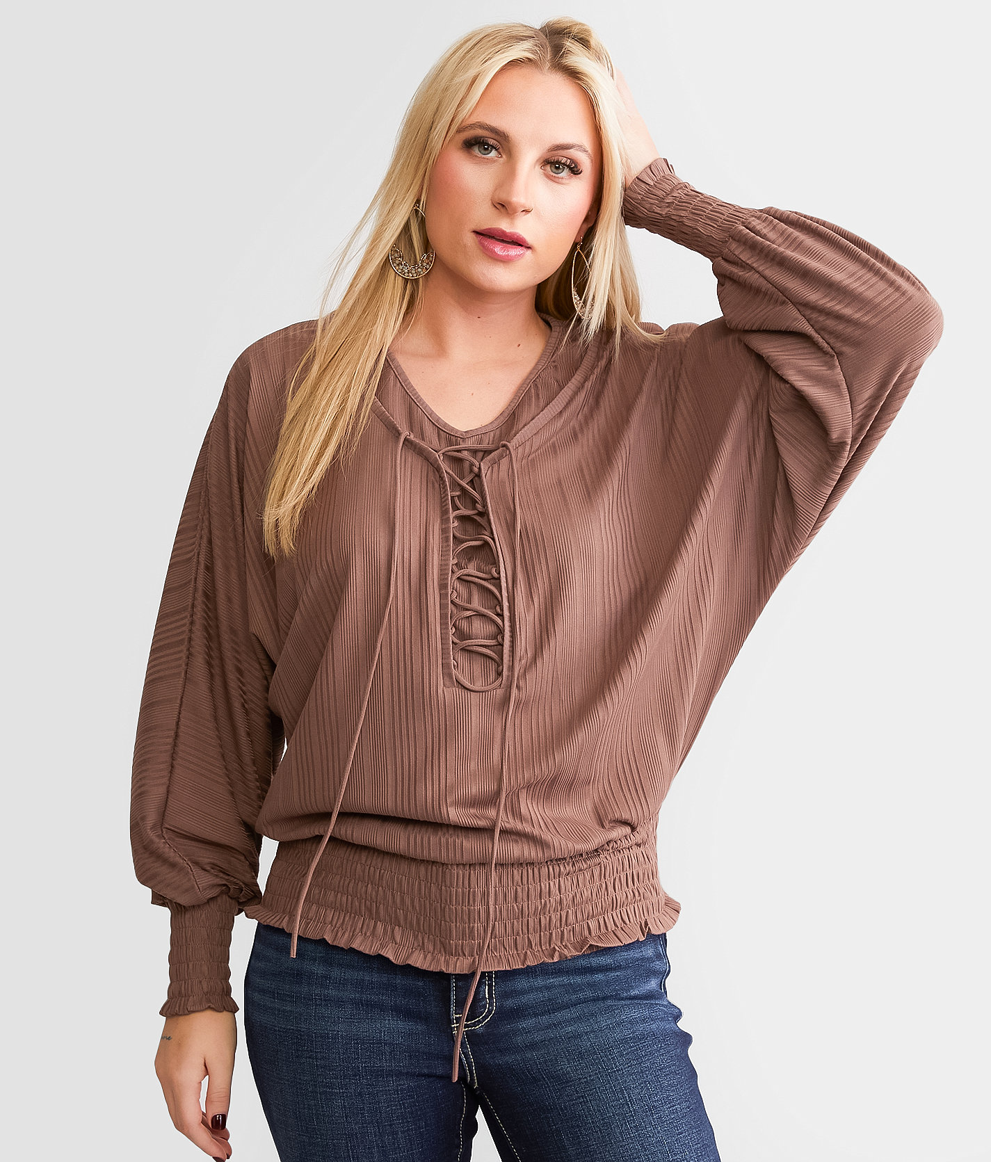 Daytrip Lace-Up Dolman Top - Women's Shirts & Blouses in Deep Taupe