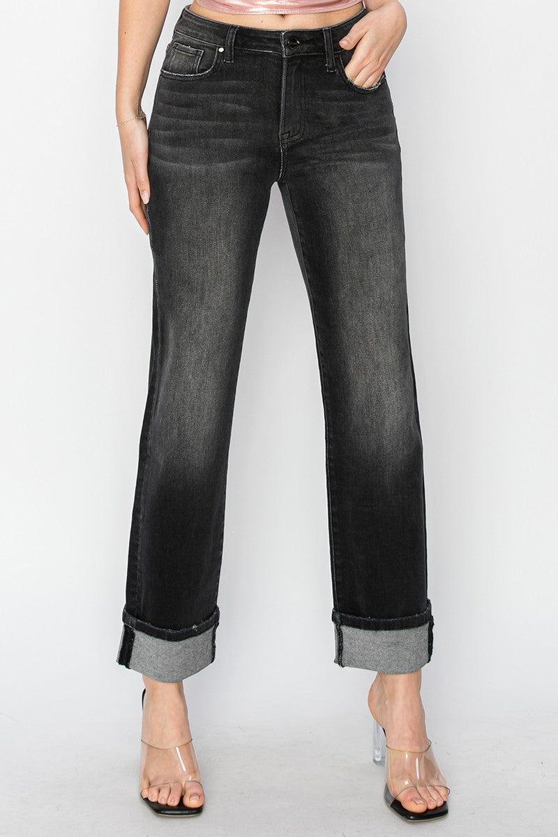 Straight Cuffed Jeans-Washed Black