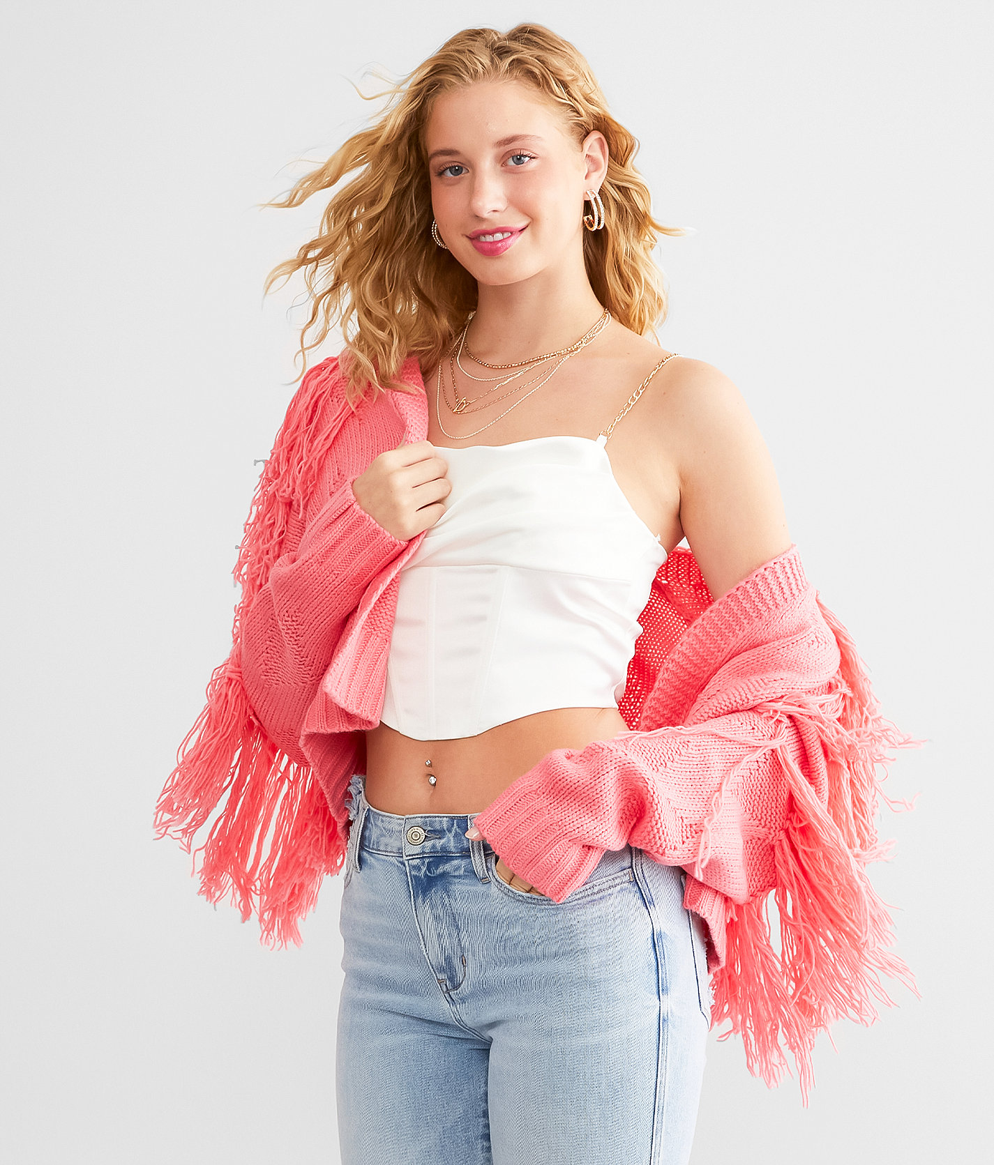 BaeVely Fringe Cardigan Sweater - Women's Sweaters in Strawberry Pink