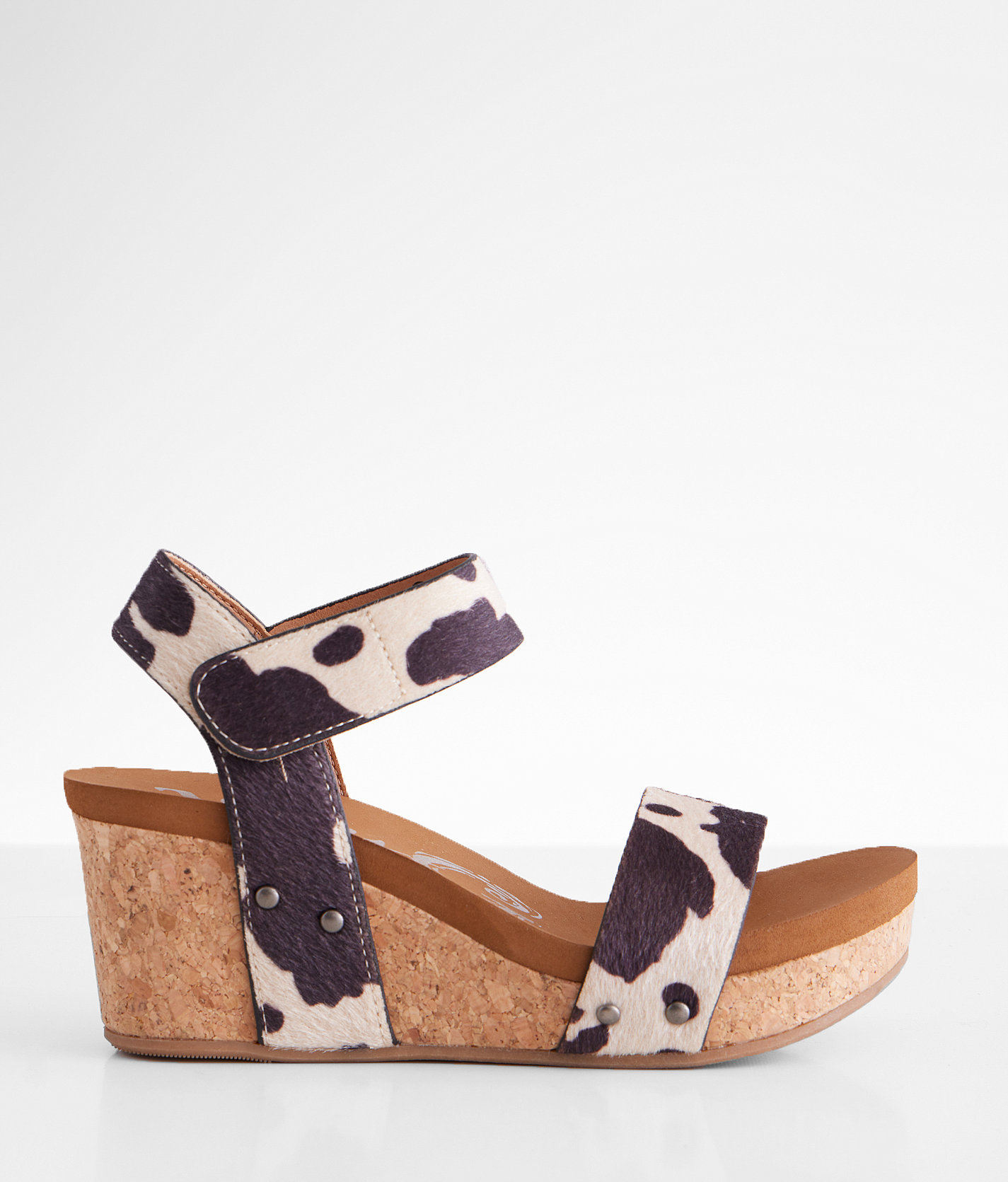 Very G Bonita Cow Print Wedge Sandal - Women's Shoes in Cream Black