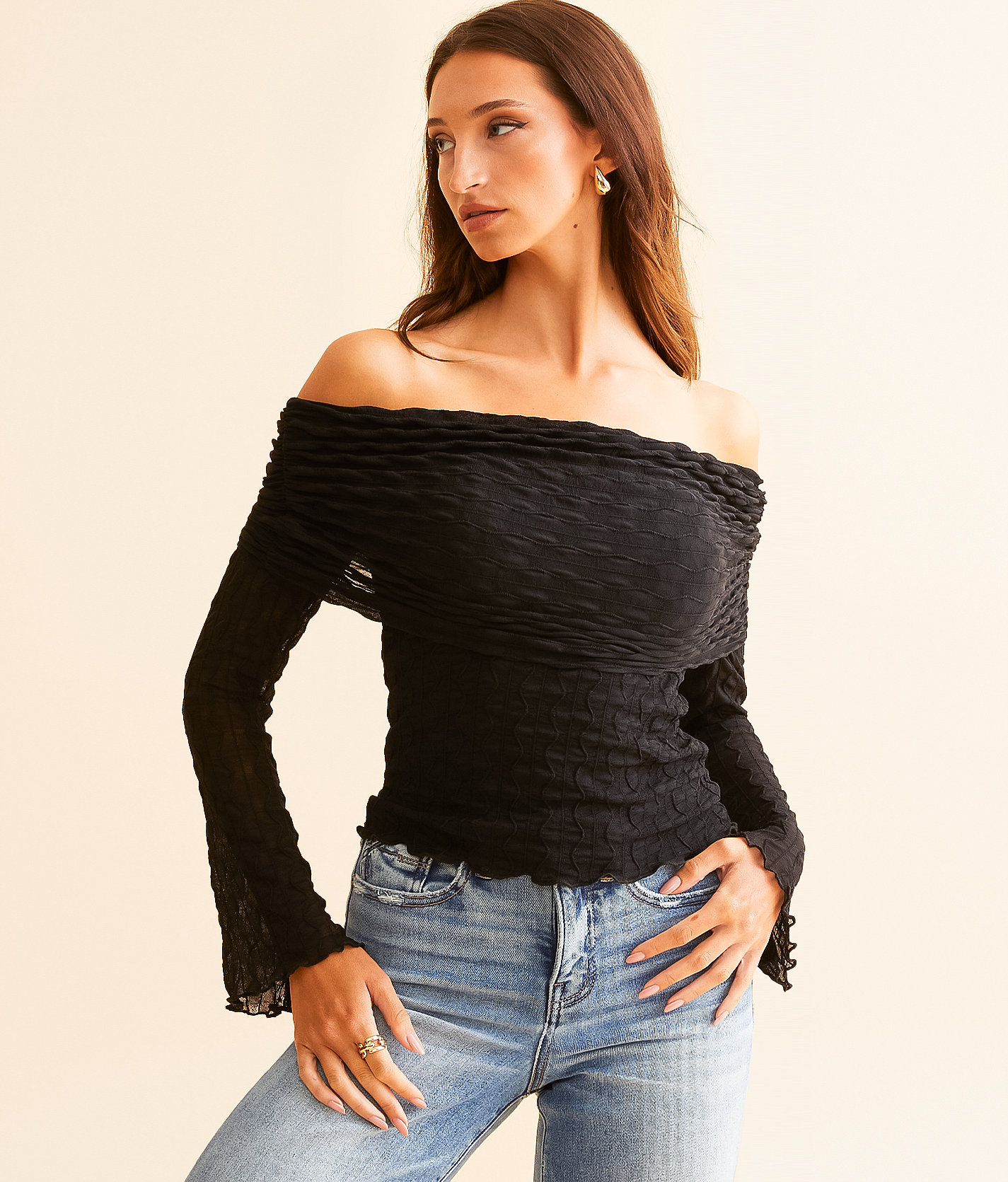 Willow & Root Textured Mesh Off The Shoulder Top - Women's Shirts & Blouses in Black