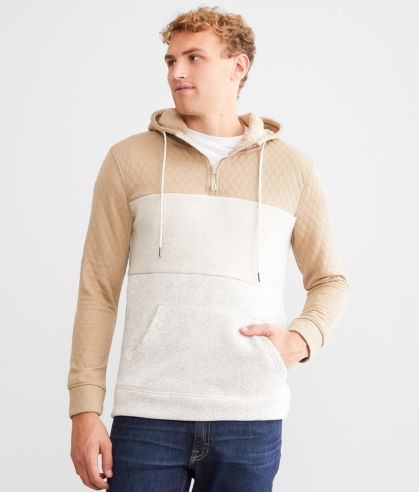 Departwest Quilted Color Block Hoodie - Men's Sweatshirts in Crockery