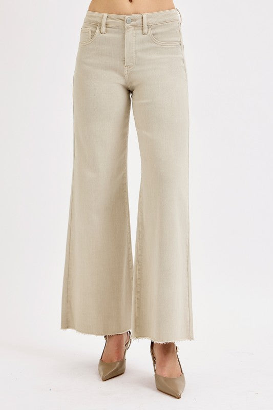 Tummy Control Wide Leg Palazzo Jeans-Almond