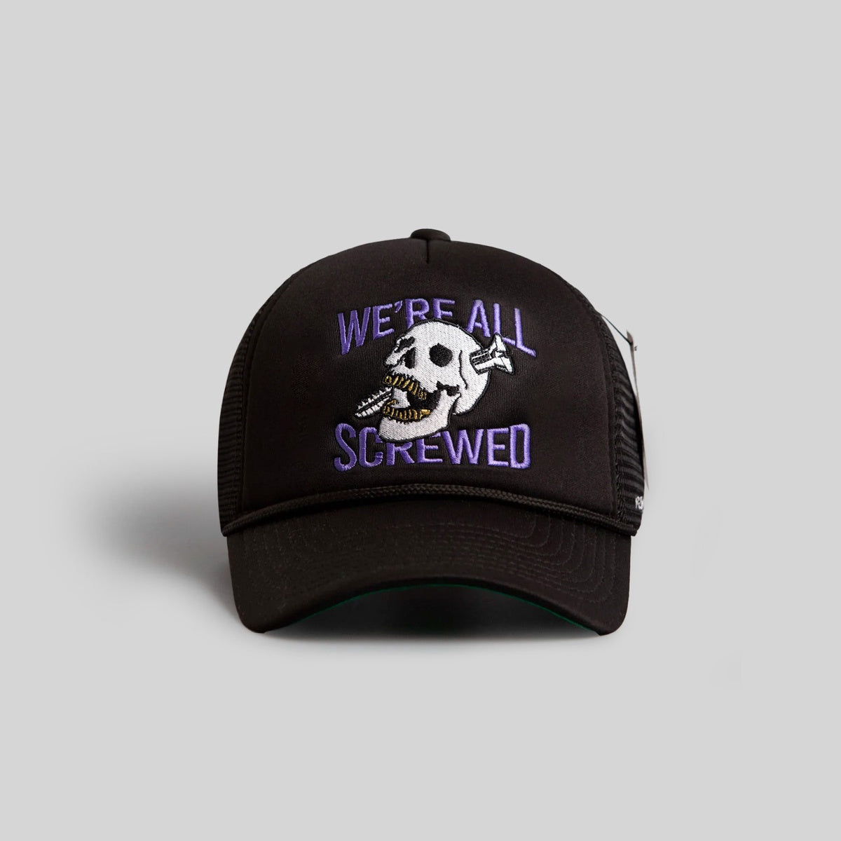 WE'RE ALL SCREWED BLACK TRUCKER HAT