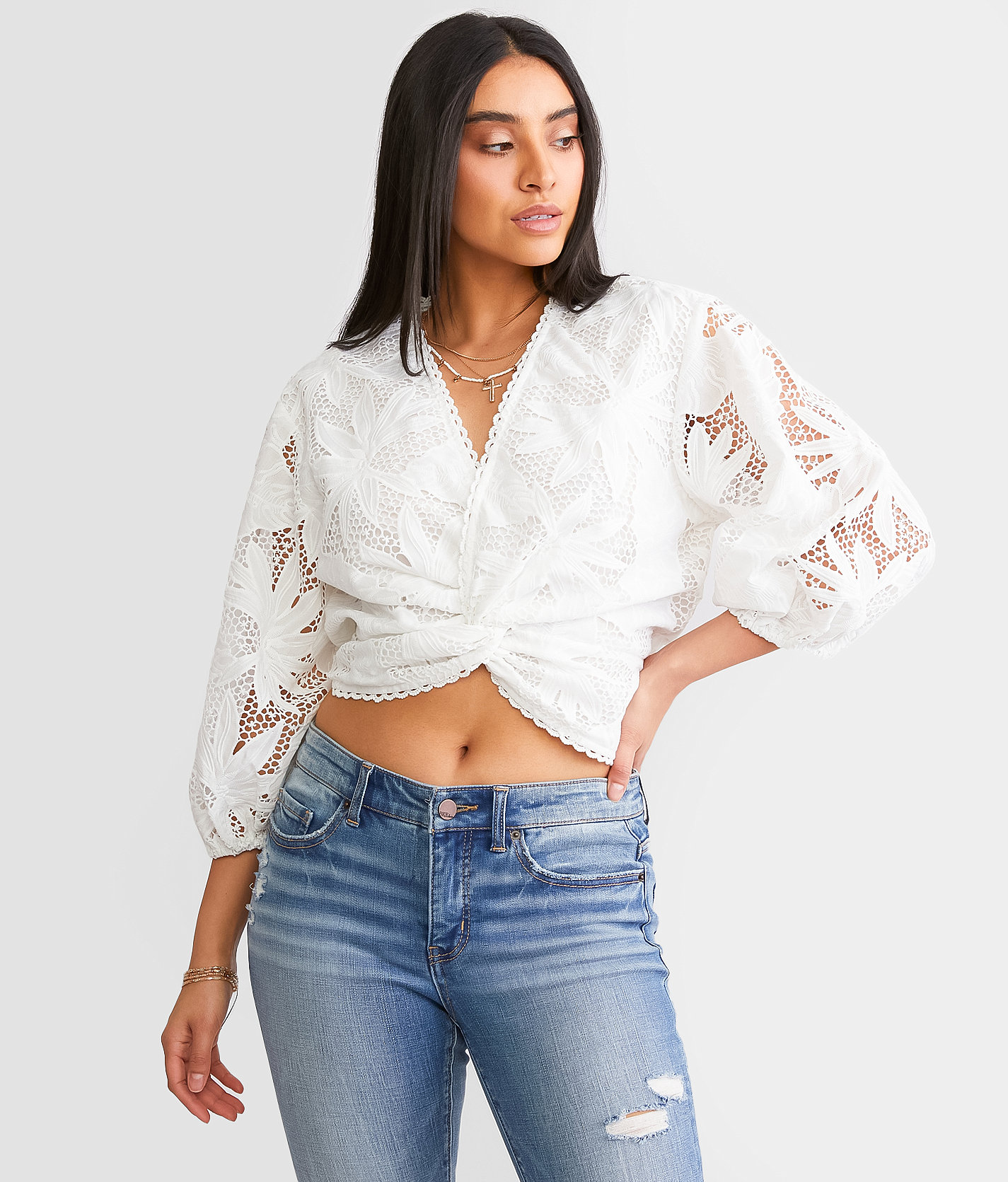 Miss Me Twisted Surplice Lace Top - Women's Shirts & Blouses in White