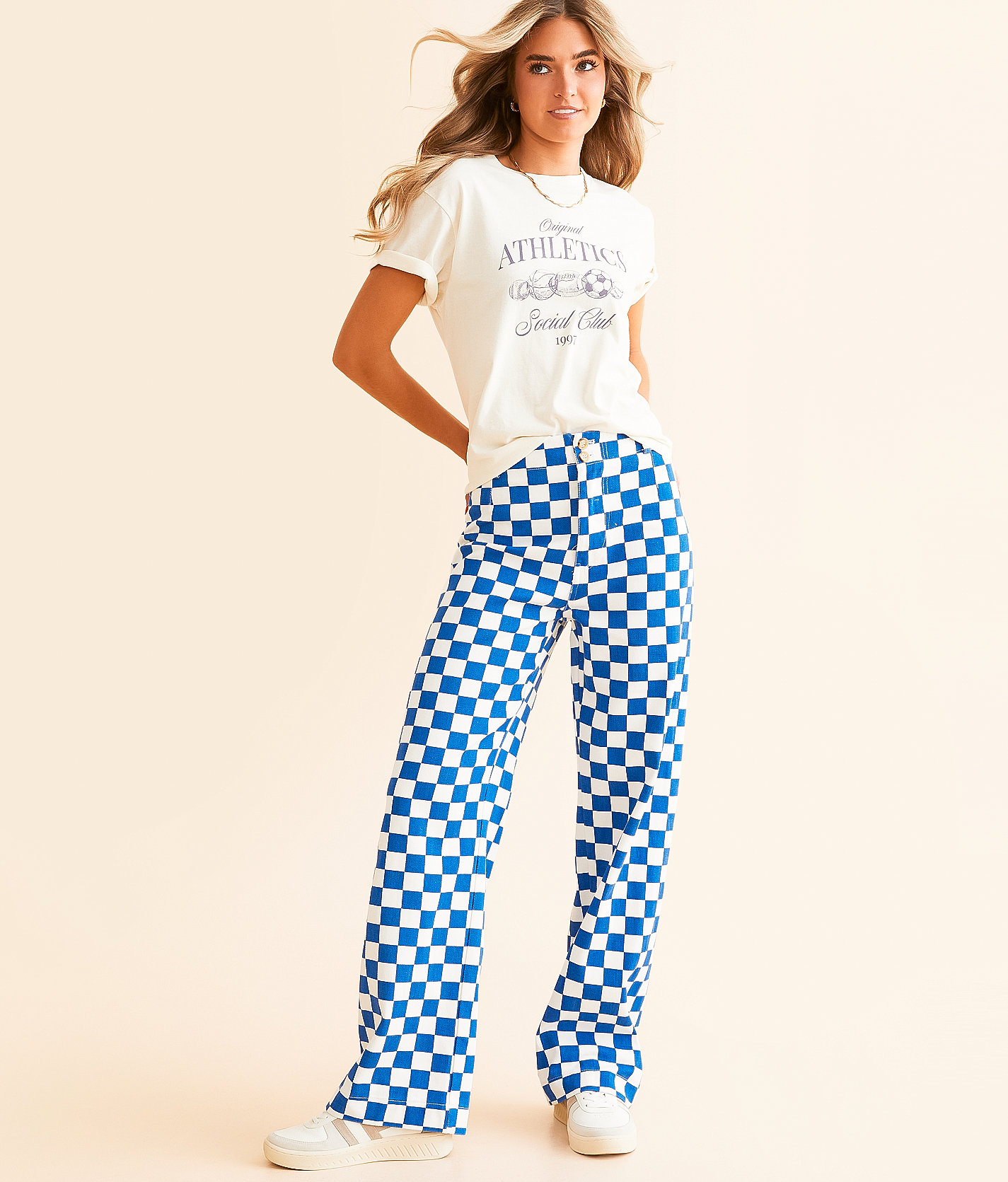 DH Apparel High Rise Wide Leg Checkerboard Pant - Women's Pants in Blue White