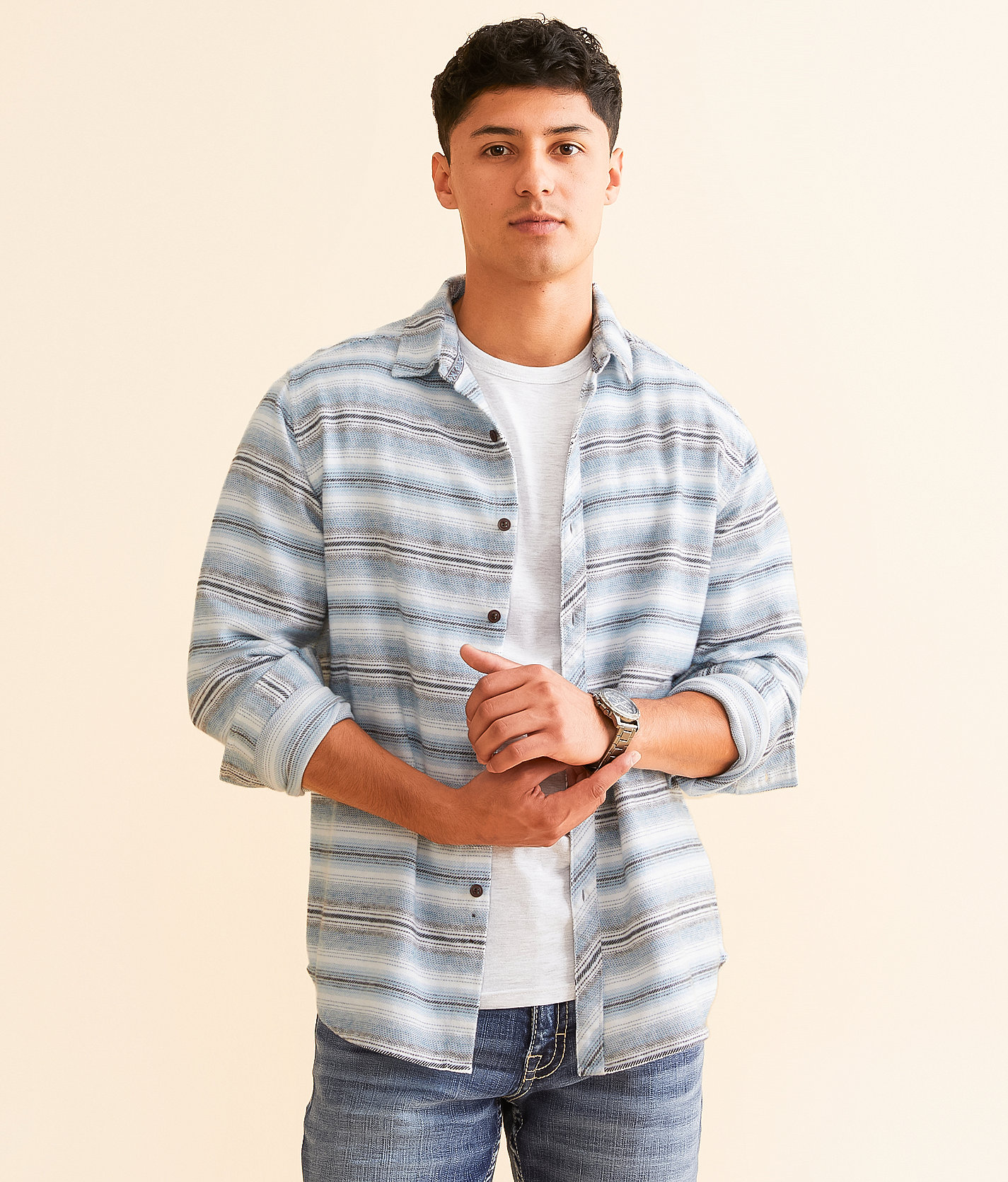 Departwest Striped Flannel Athletic Shirt - Men's Shirts in Light Blue Cream