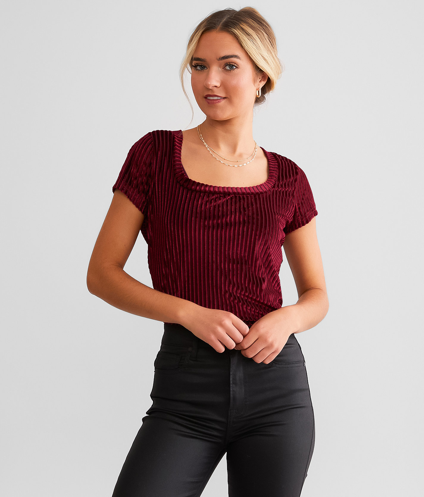 red by BKE Velvet Striped Top - Women's Shirts & Blouses in Cordovan