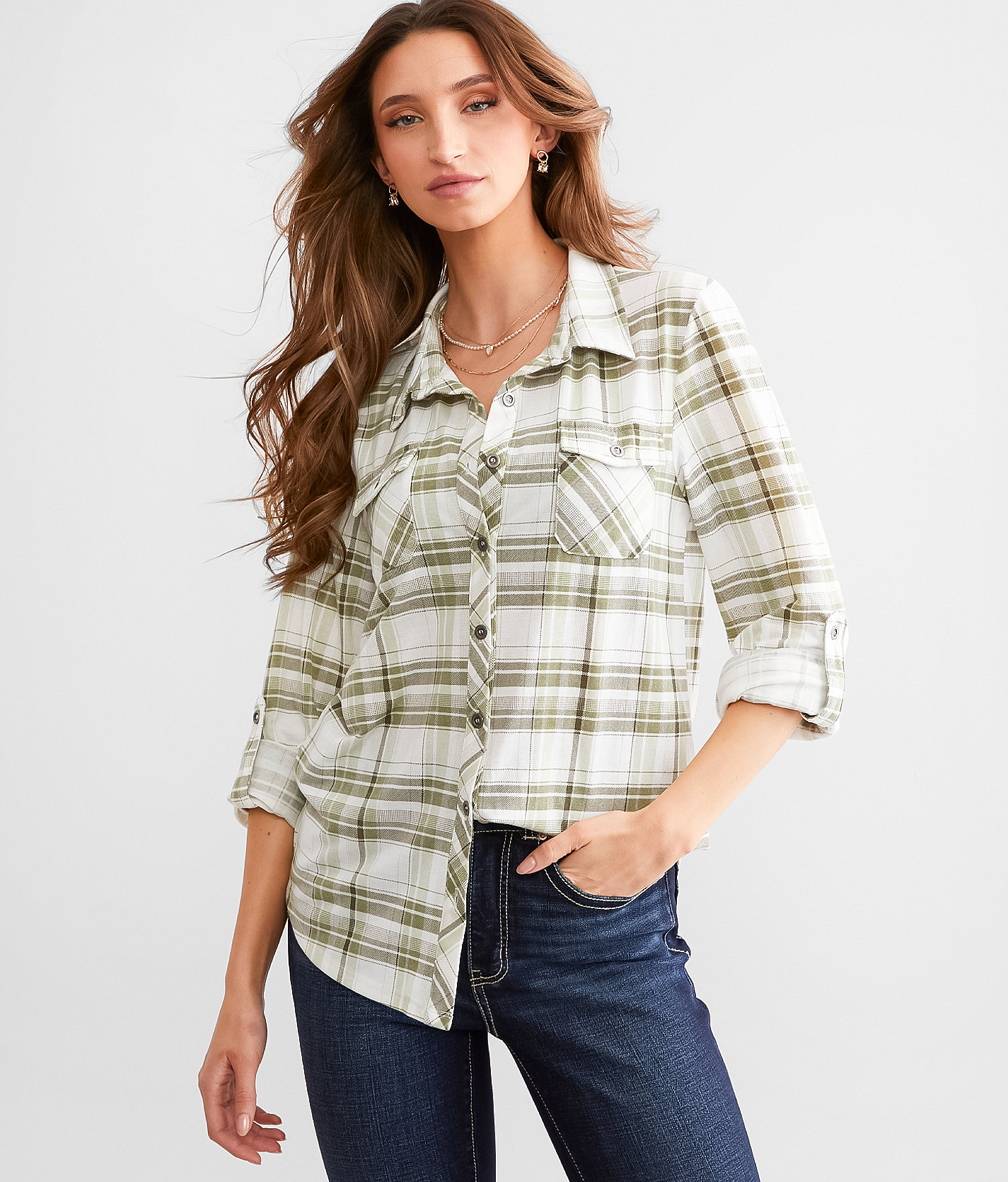 Modish Rebel Plaid Knit Shirt - Women's Shirts & Blouses in Olive