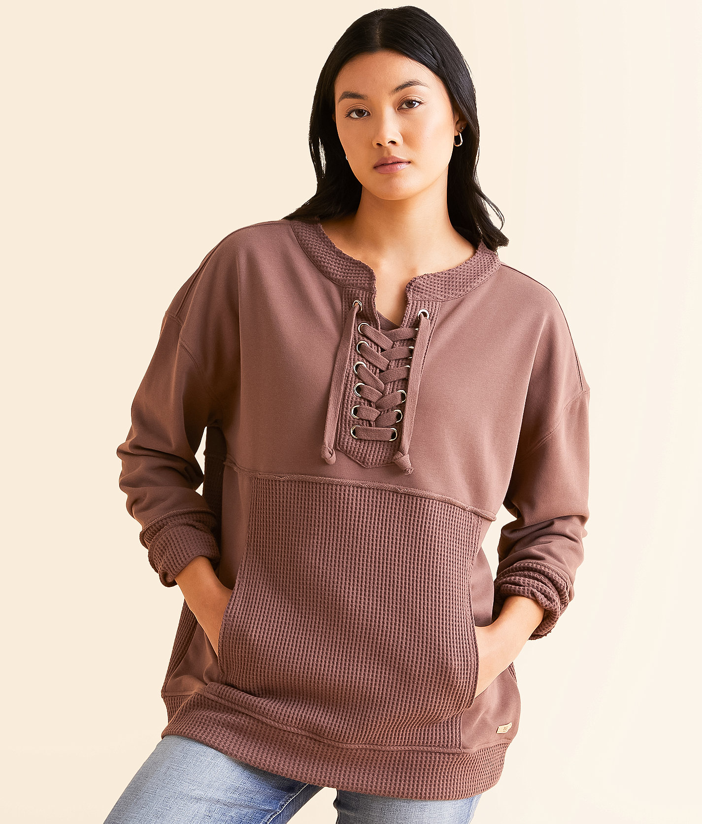 BKE Pieced Lace-Up Pullover - Women's Sweatshirts in Peppercorn