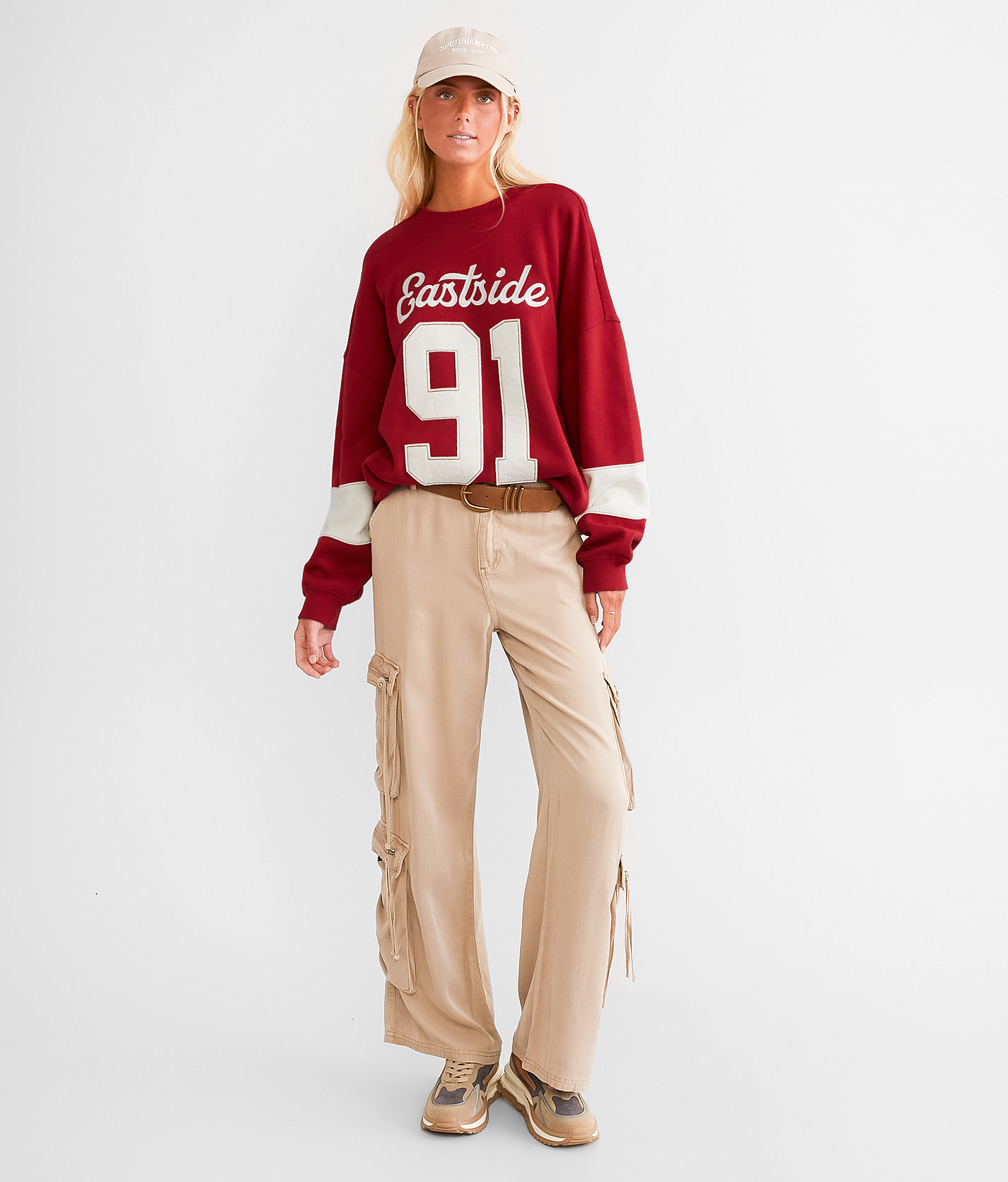 Modish Rebel Eastside Varsity Oversized Pullover - Women's Sweatshirts in Rio Red