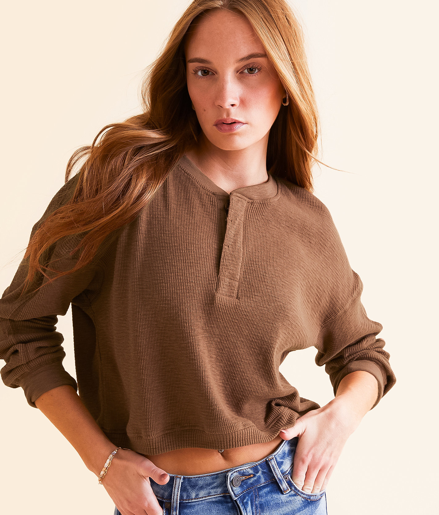 FITZ + EDDI Textured Knit Henley - Women's Shirts & Blouses in Cocoa Brown