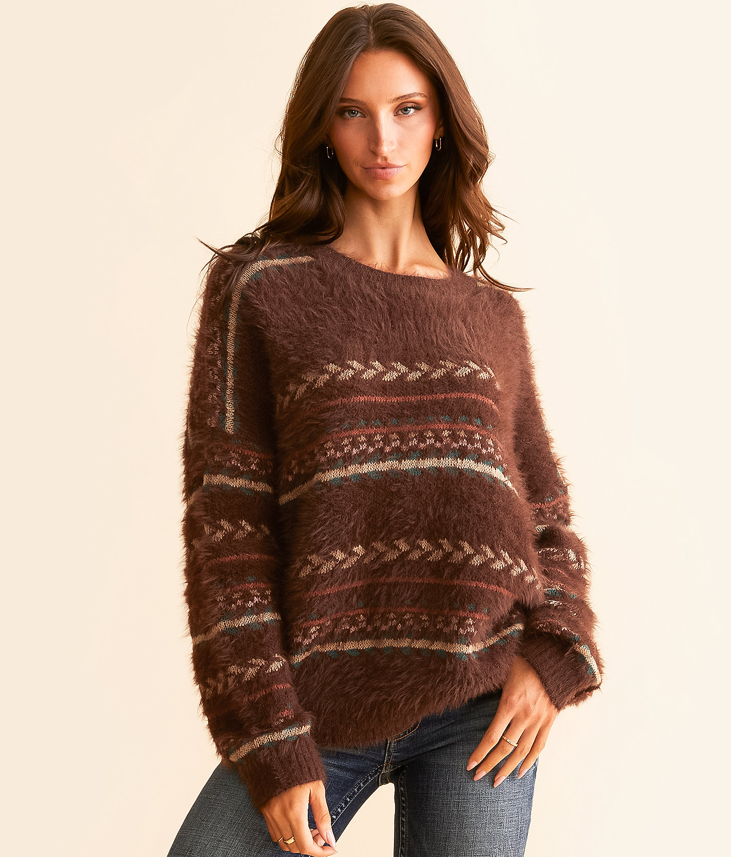 BKE Aztec Eyelash Sweater - Women's Sweaters in Choc Cream