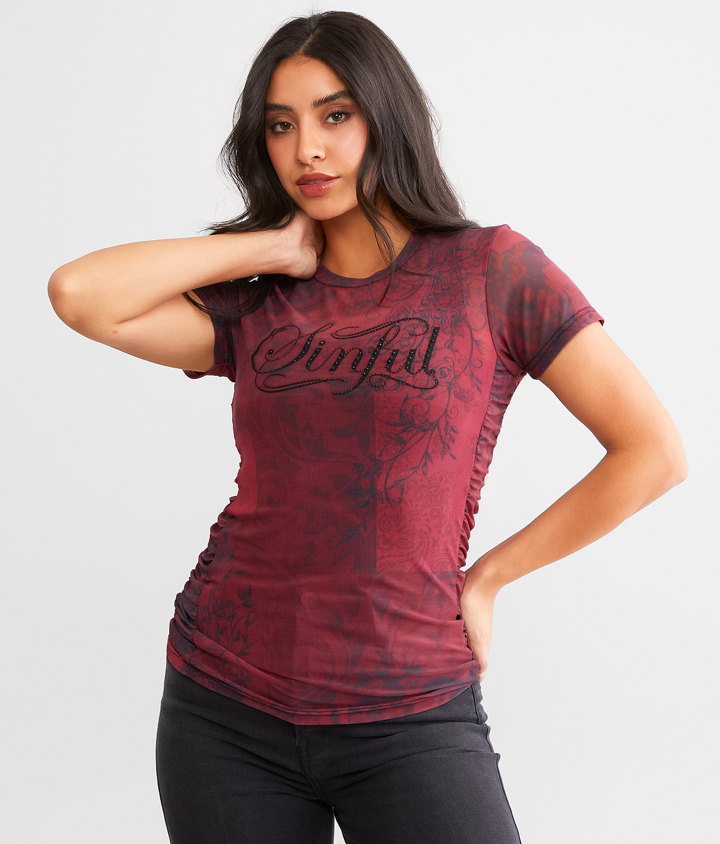 Sinful Izzy Mesh T-Shirt - Women's T-Shirts in Tango Red Black