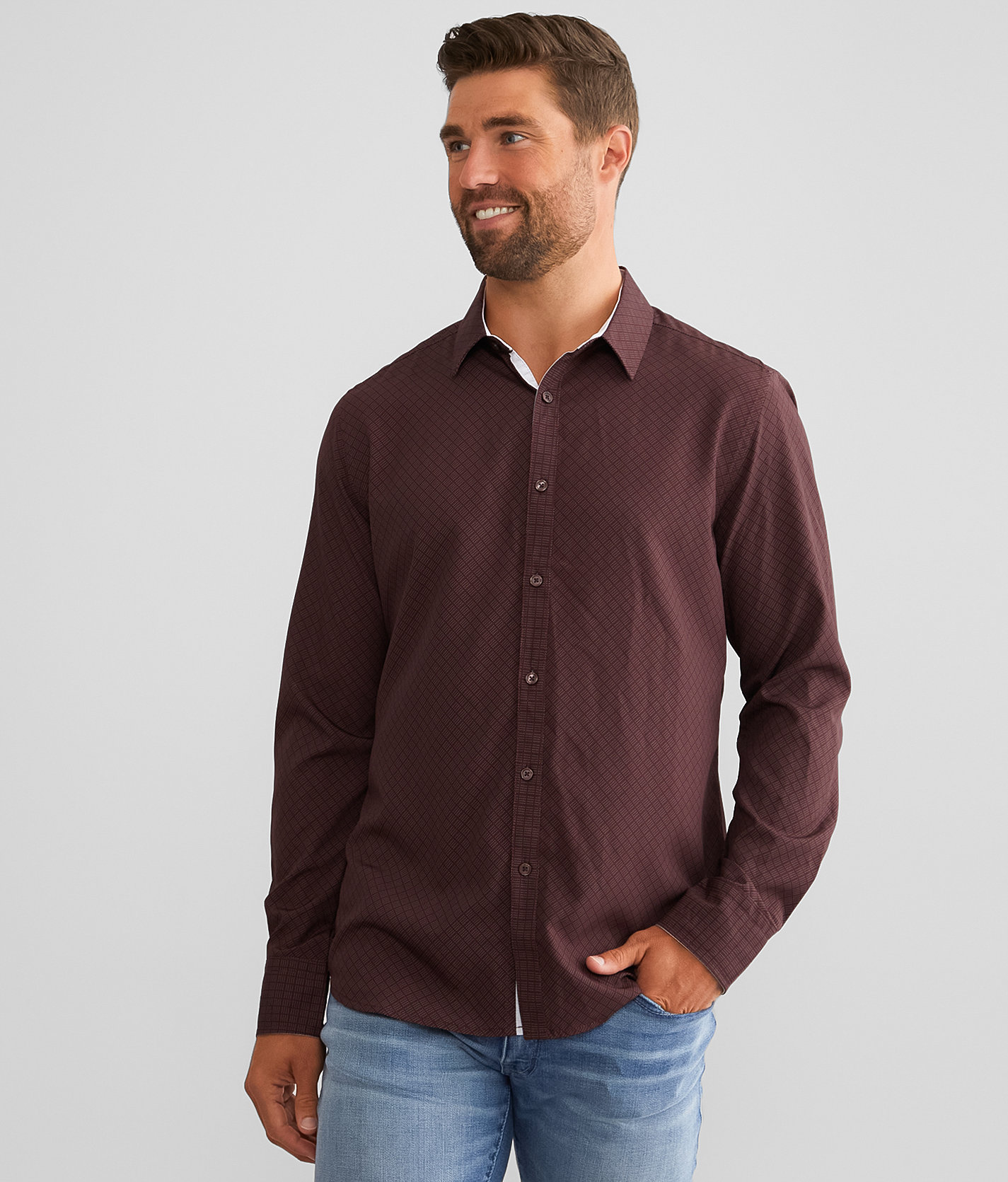 J.B. Holt Printed Standard Performance Stretch Shirt - Men's Shirts in Burgundy