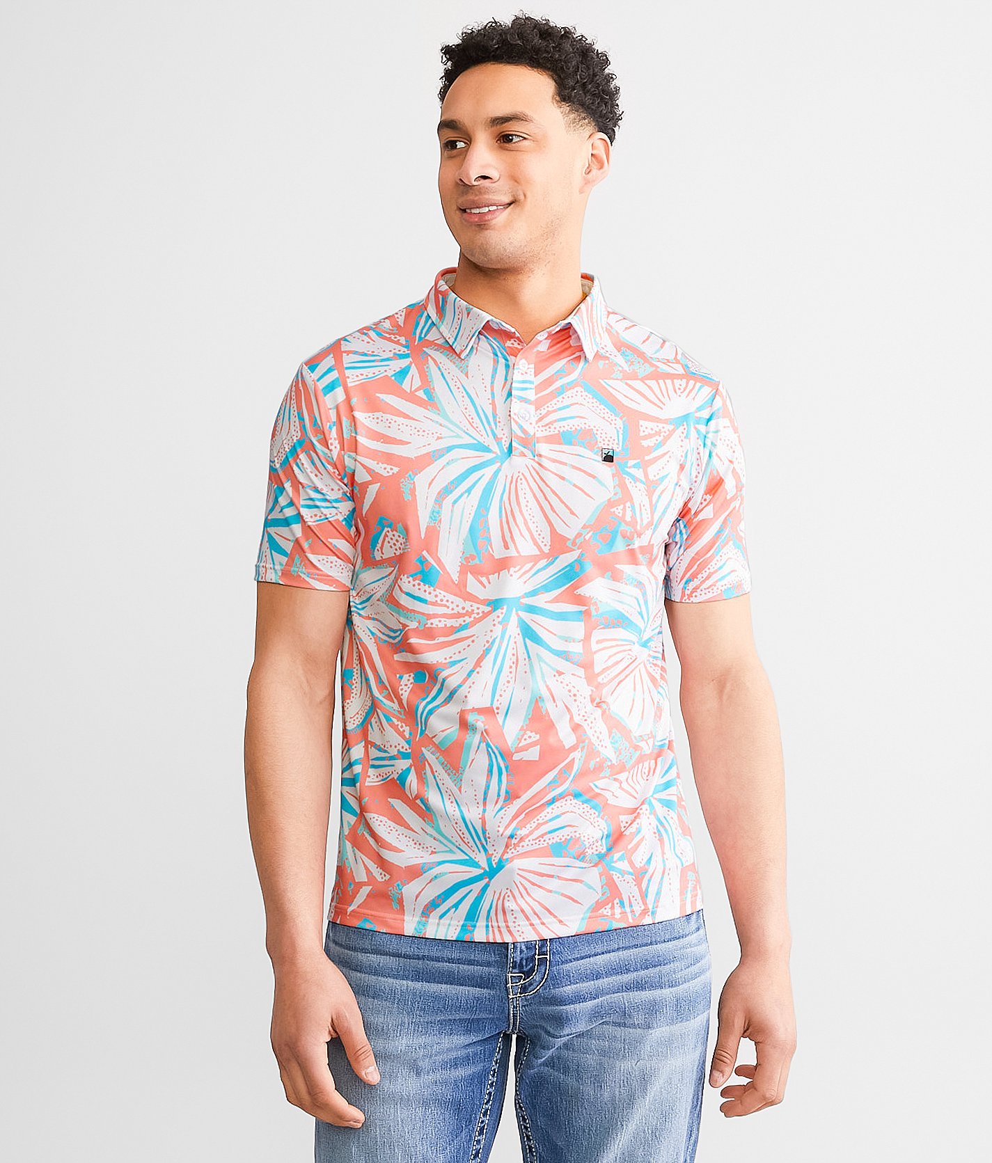 Flomotion Funky Floral Performance Polo - Men's Polos in Coral