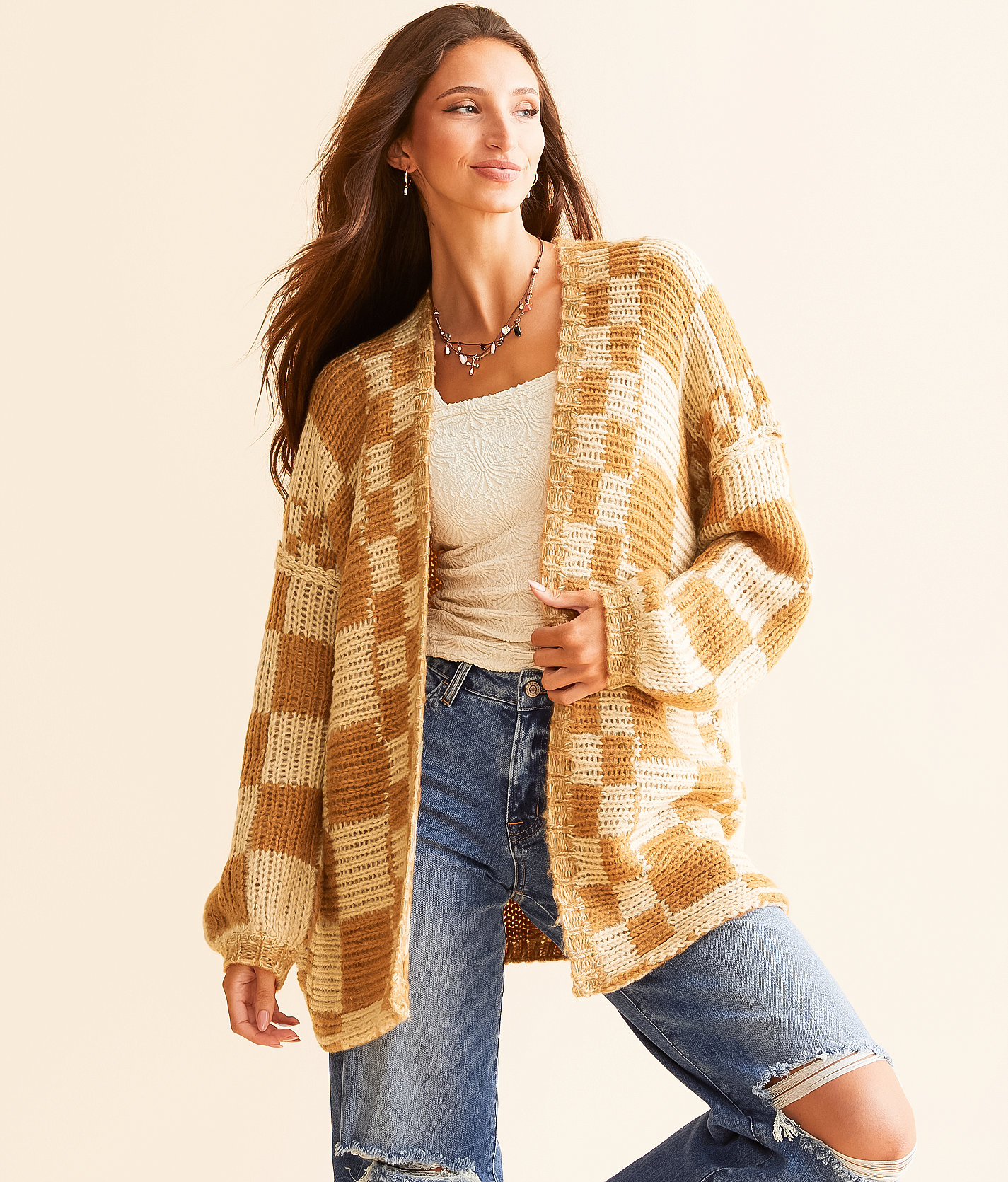BKE Checker Oversized Cardigan Sweater - Women's Sweaters in Brown Combo