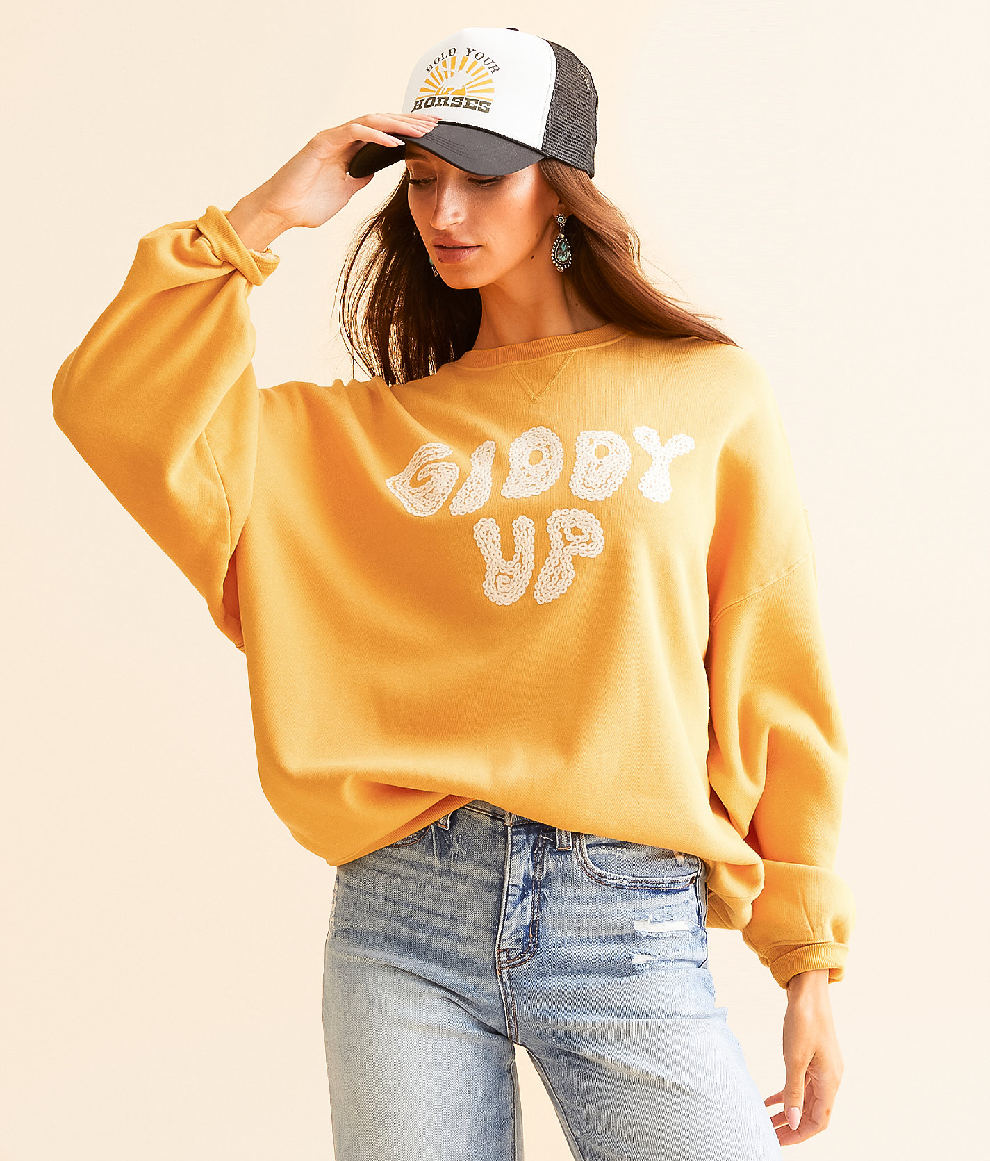 Modish Rebel Giddy Up Oversized Pullover - Women's Sweatshirts in Golden Apricot
