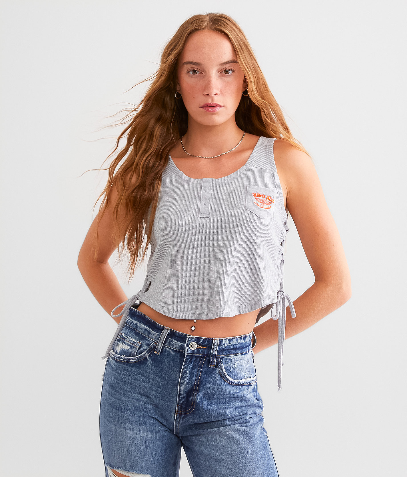 Gilded Intent Riders Club Lace-Up Henley Tank Top - Women's Tank Tops in Heather Grey
