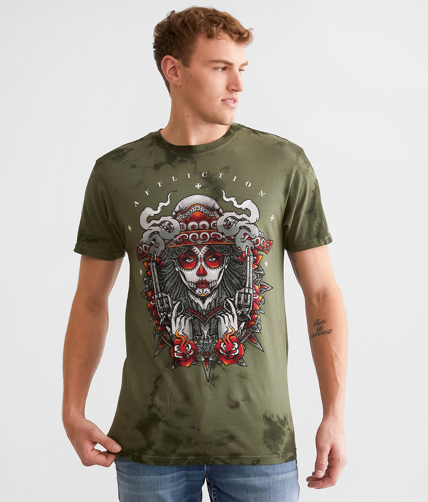 Affliction Dos Pistolas T-Shirt - Men's T-Shirts in Winter Moss Cyp Cry Wash